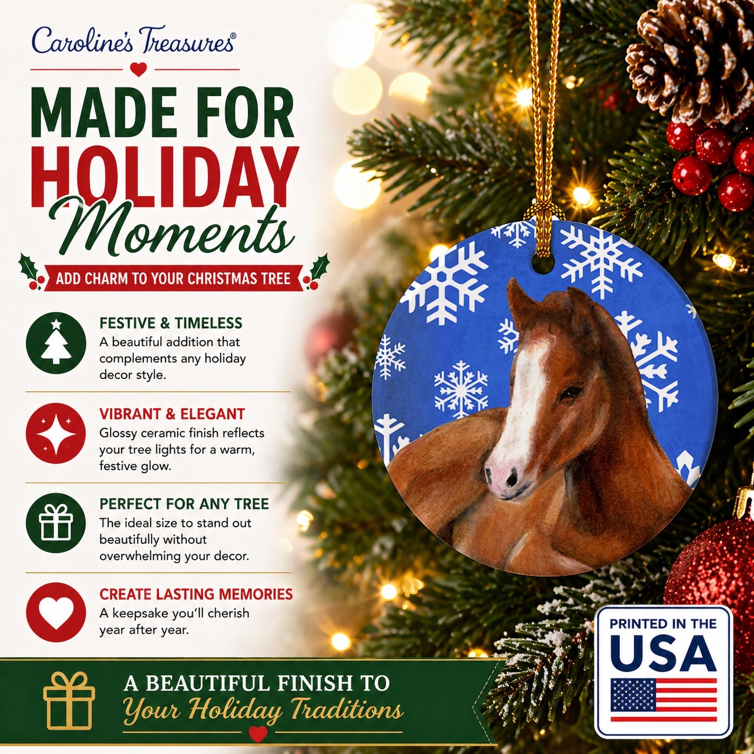 Horse Foal Winter Snowflakes Holiday Ceramic Ornament Christmas Tree Hanging Decorations for Home Christmas Holiday, Party, Gift, 3 in, Multicolor