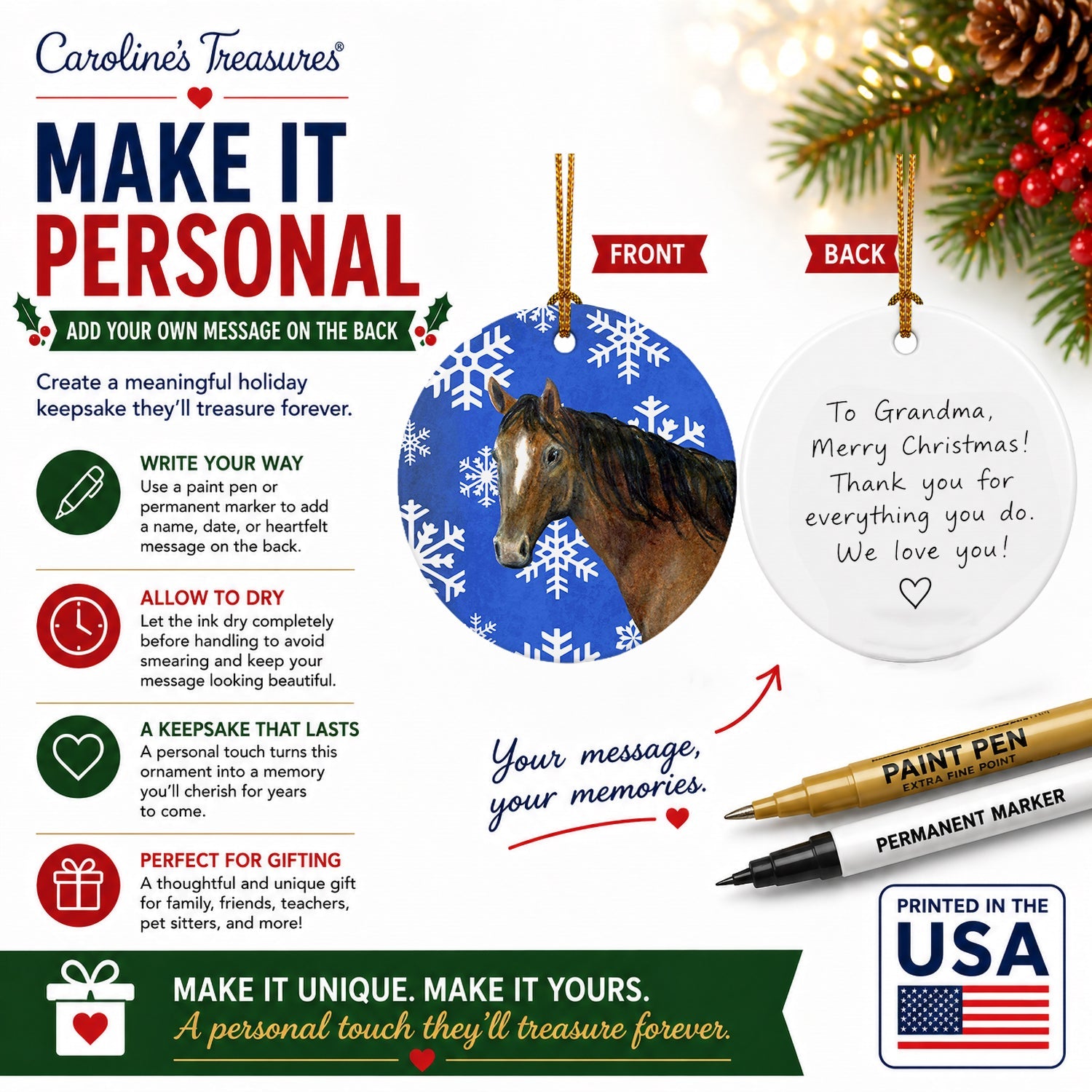 Horse Winter Snowflakes Holiday Ceramic Ornament Christmas Tree Hanging Decorations for Home Christmas Holiday, Party, Gift, 3 in, Multicolor