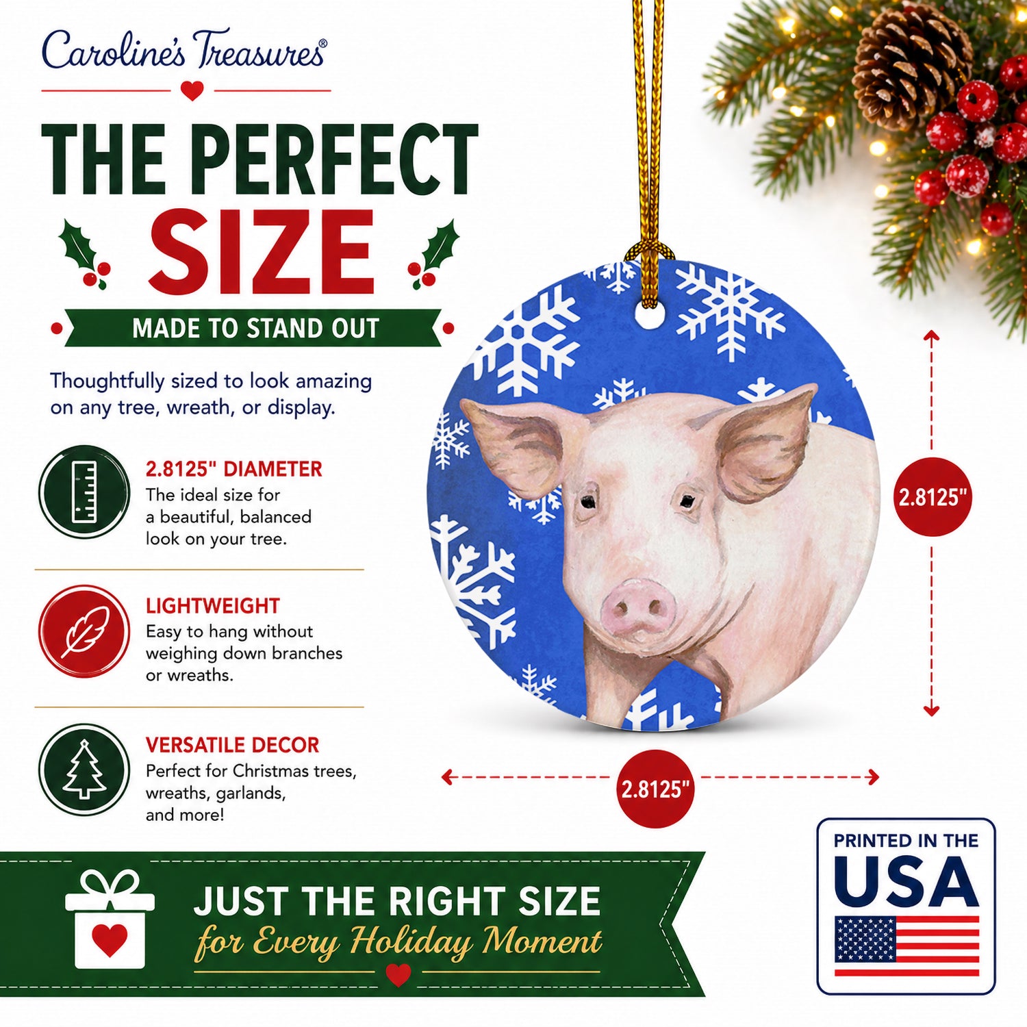 Pig Winter Snowflakes Holiday Ceramic Ornament Christmas Tree Hanging Decorations for Home Christmas Holiday, Party, Gift, 3 in, Multicolor