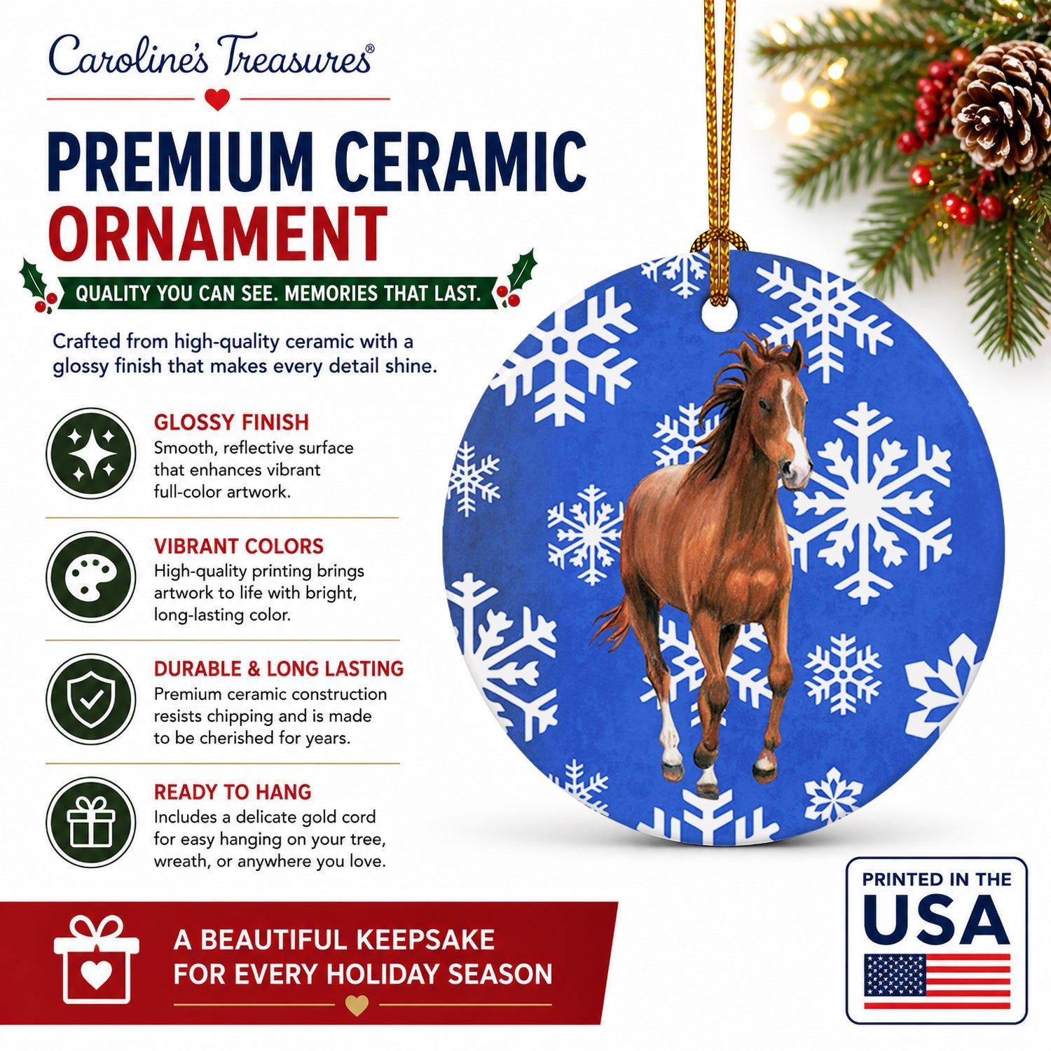 Horse Winter Snowflakes Holiday Ceramic Ornament Christmas Tree Hanging Decorations for Home Christmas Holiday, Party, Gift, 3 in, Multicolor