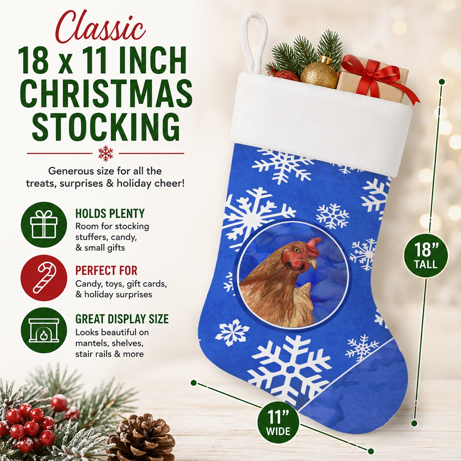 Chicken Winter Snowflakes Holiday Holiday Stocking Double-Sided Print, Polyester Suede,11x18, Made in USA