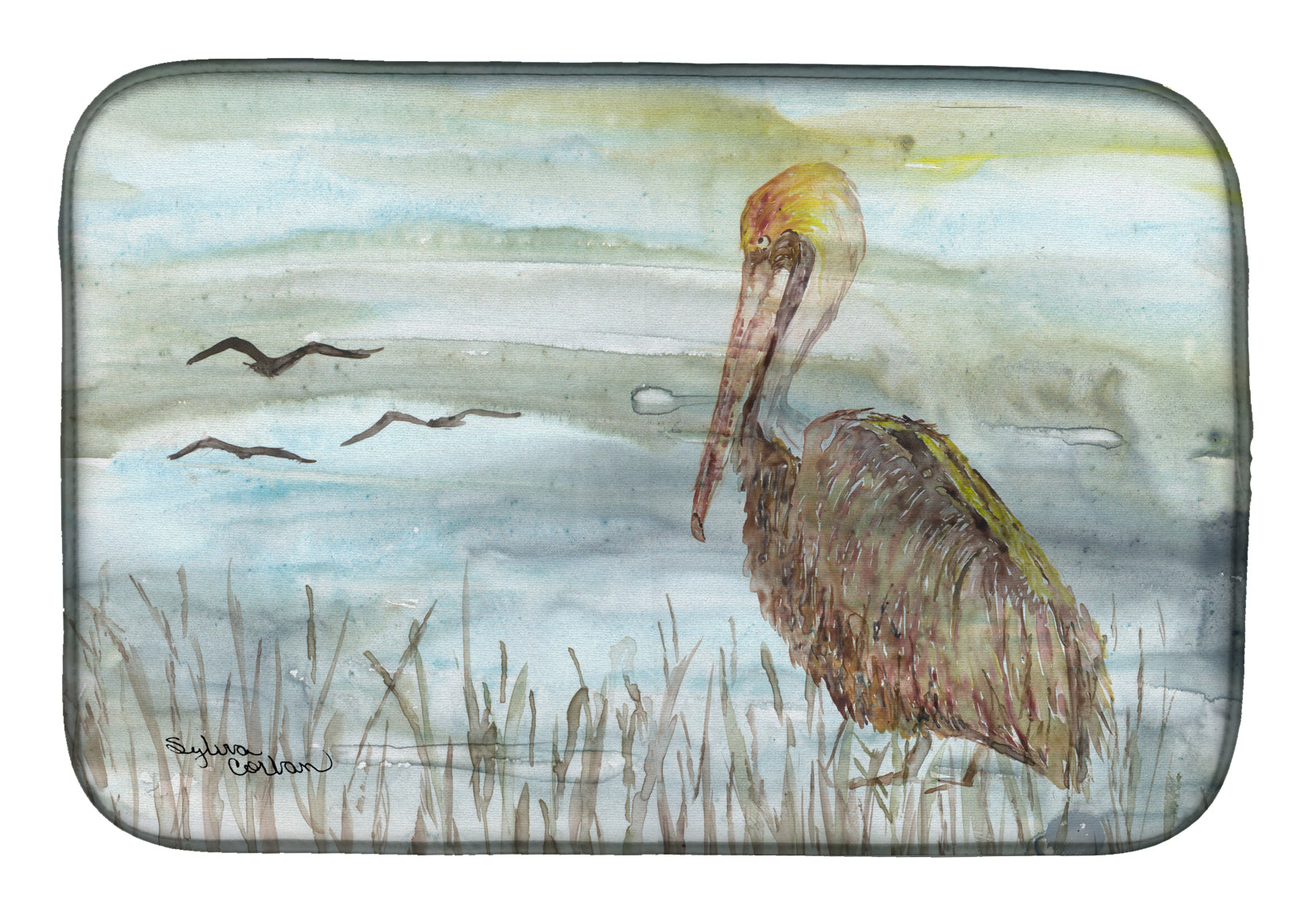 Brown Pelican Watercolor Dish Drying Mat Absorbent Dish Drying Mat Pad for Kitchen Counter Dish Drainer Mat for Countertop, 14 x 21", Multicolor