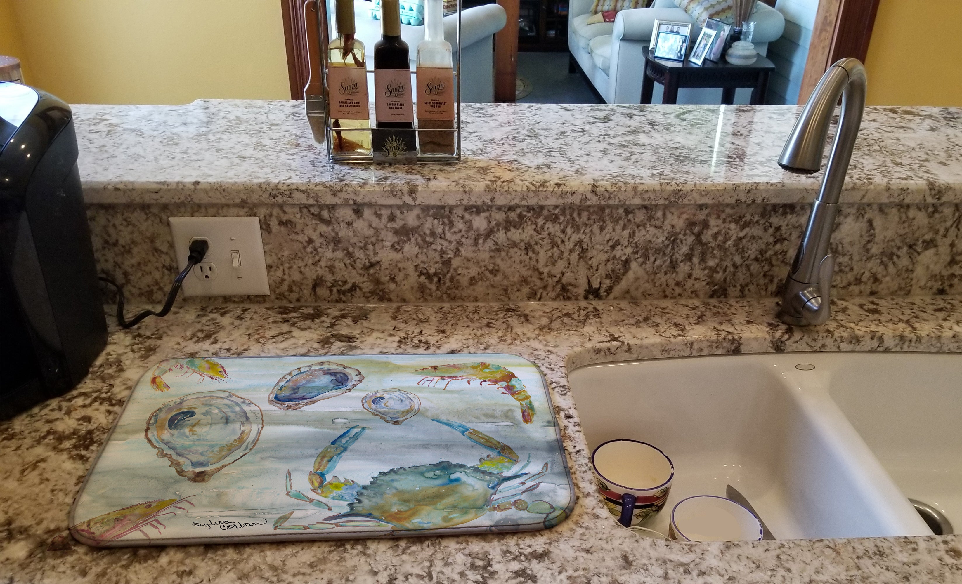 Crab, Shrimp and Oyster Watercolor Dish Drying Mat Absorbent Dish Drying Mat Pad for Kitchen Counter Dish Drainer Mat for Countertop, 14 x 21", Multicolor