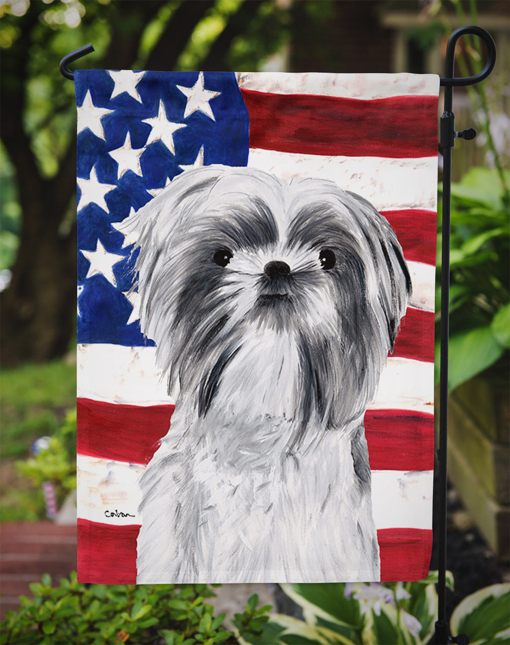 USA American Flag with Shih Tzu Garden Flag Mailbox Decorative Yard Banner Outside Patio Artwork for Flower Beds, Garden Size, Multicolor