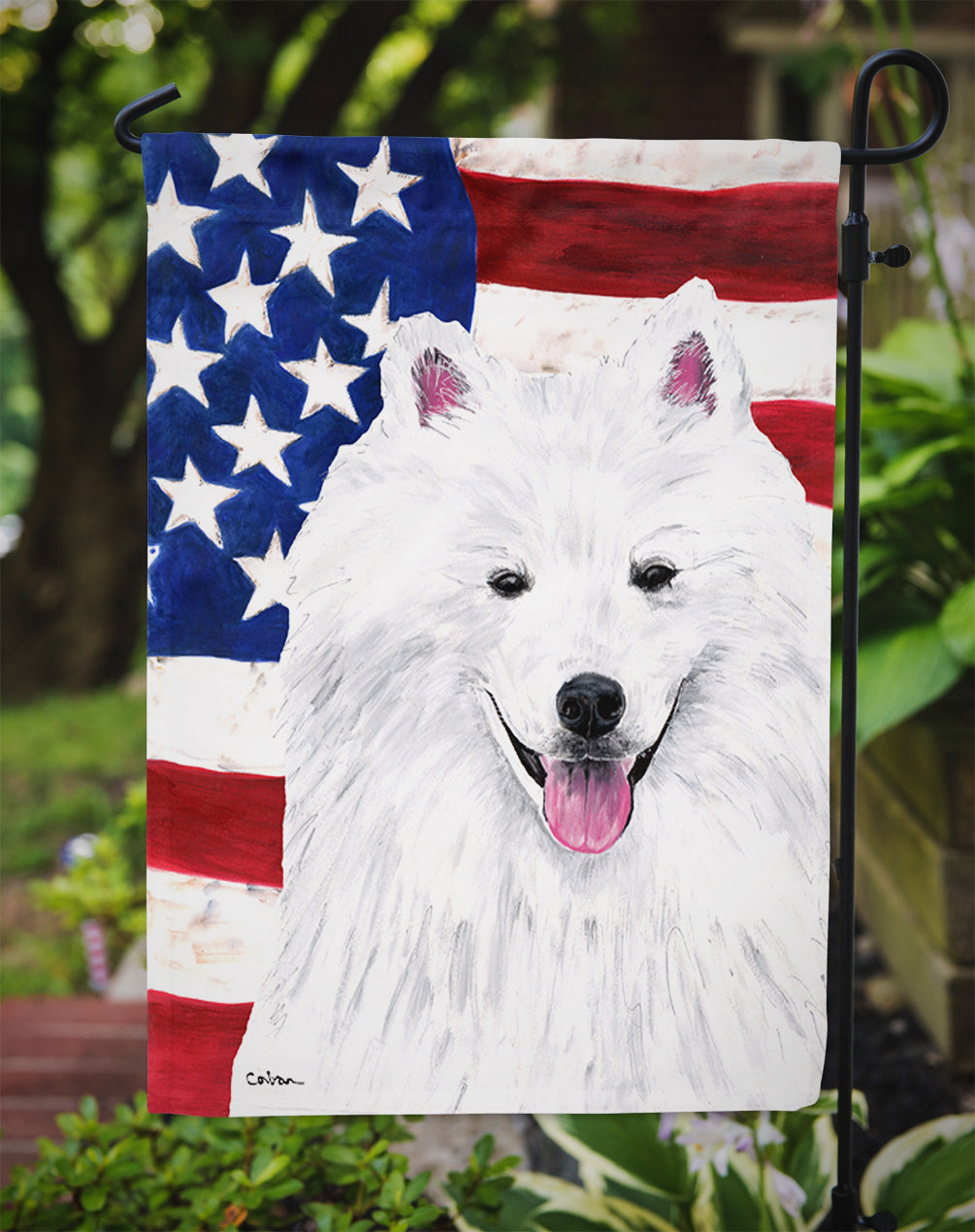 USA American Flag with American Eskimo Garden Flag Mailbox Decorative Yard Banner Outside Patio Artwork for Flower Beds, Garden Size, Multicolor