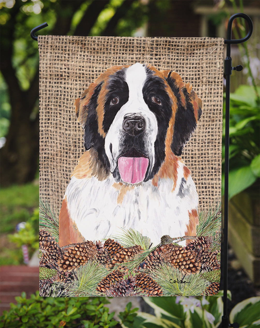 Saint Bernard Faux Burlap and Pine cones Garden Flag Mailbox Decorative Yard Banner Outside Patio Artwork for Flower Beds, Garden Size, Multicolor