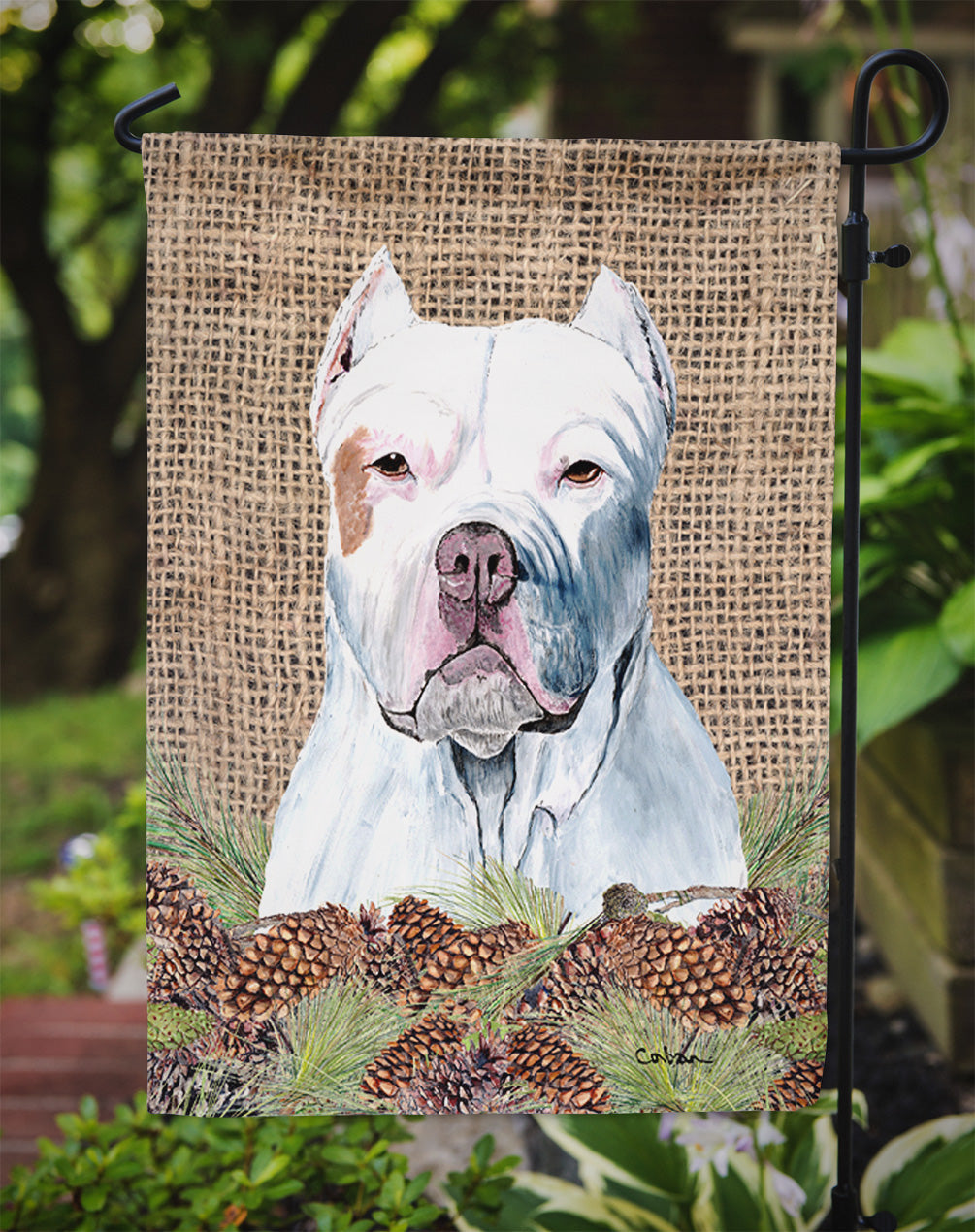 Pit Bull Faux Burlap and Pine cones Garden Flag Mailbox Decorative Yard Banner Outside Patio Artwork for Flower Beds, Garden Size, Multicolor
