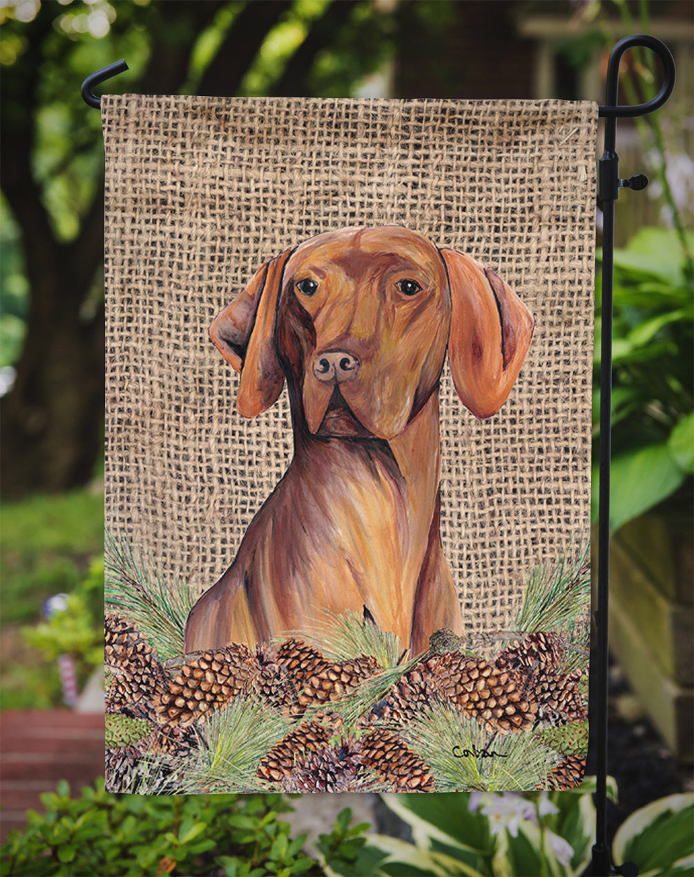 Vizsla Faux Burlap and Pine cones Garden Flag Mailbox Decorative Yard Banner Outside Patio Artwork for Flower Beds, Garden Size, Multicolor