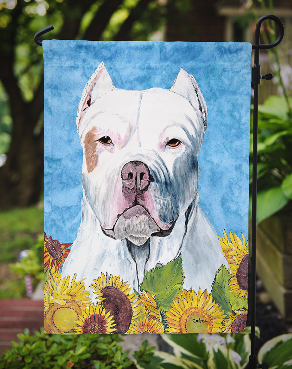 Pit Bull in Summer Flowers Garden Flag Mailbox Decorative Yard Banner Outside Patio Artwork for Flower Beds, Garden Size, Multicolor