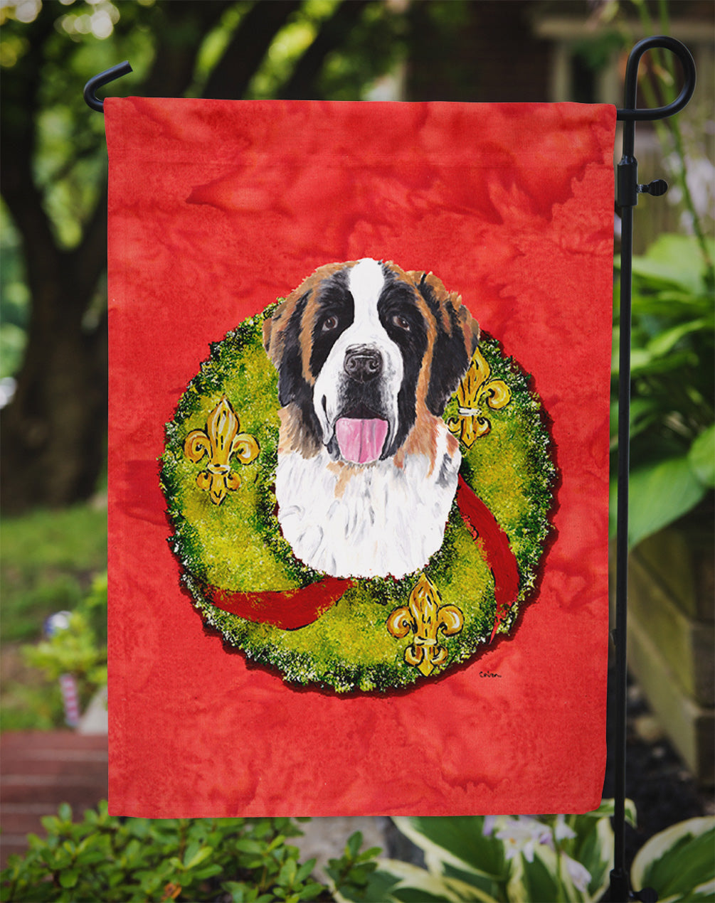 Saint Bernard Christmas Wreath Garden Flag Mailbox Decorative Yard Banner Outside Patio Artwork for Flower Beds, Garden Size, Multicolor