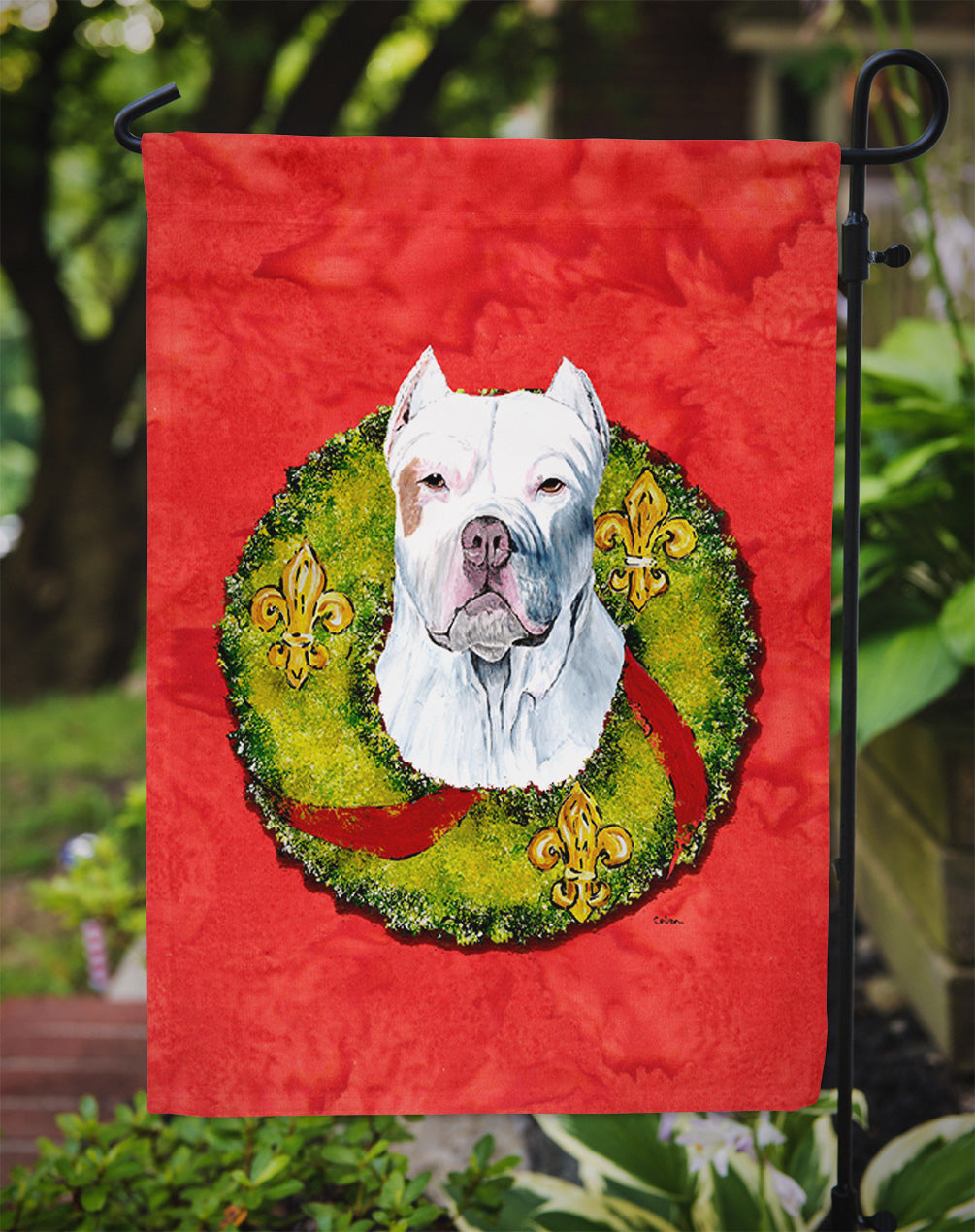 Pit Bull Christmas Wreath Garden Flag Mailbox Decorative Yard Banner Outside Patio Artwork for Flower Beds, Garden Size, Multicolor
