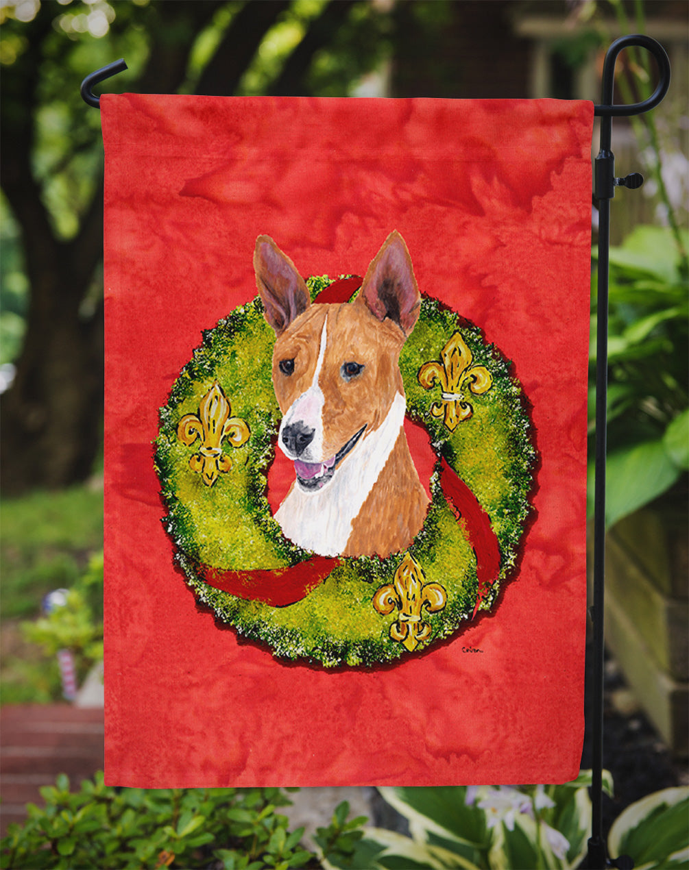 Basenji Christmas Wreath Garden Flag Mailbox Decorative Yard Banner Outside Patio Artwork for Flower Beds, Garden Size, Multicolor