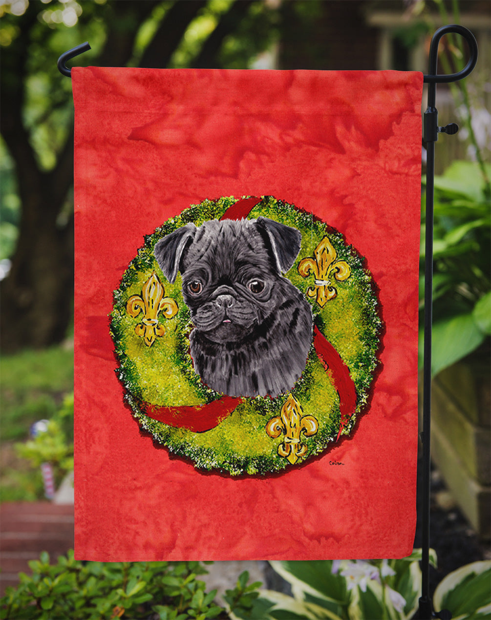 Pug Christmas Wreath Garden Flag Mailbox Decorative Yard Banner Outside Patio Artwork for Flower Beds, Garden Size, Multicolor