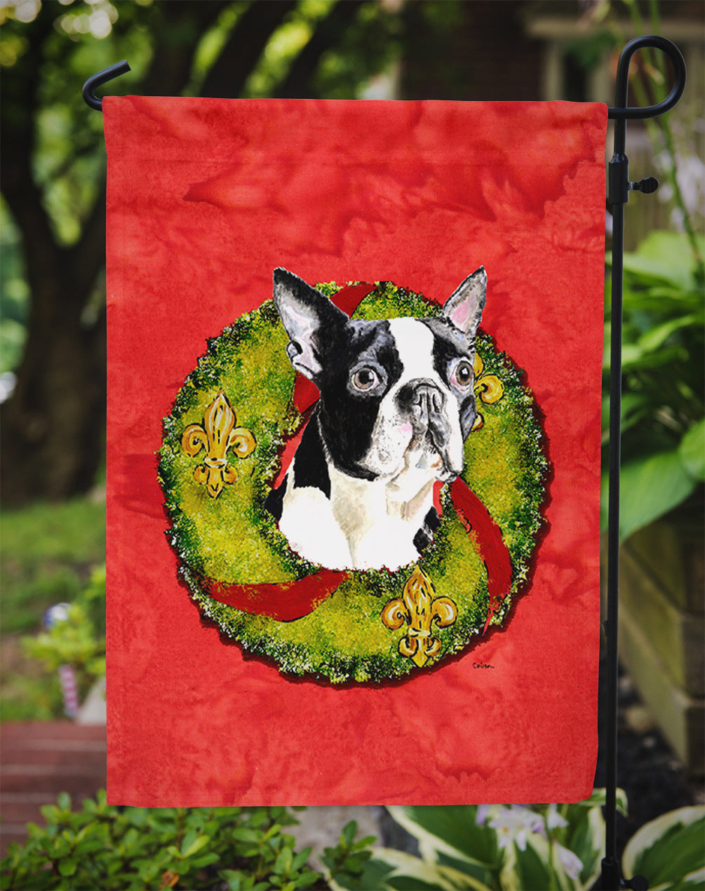 Boston Terrier Christmas Wreath Garden Flag Mailbox Decorative Yard Banner Outside Patio Artwork for Flower Beds, Garden Size, Multicolor