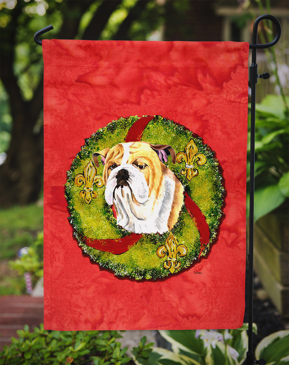 Bulldog English Christmas Wreath Garden Flag Mailbox Decorative Yard Banner Outside Patio Artwork for Flower Beds, Garden Size, Multicolor