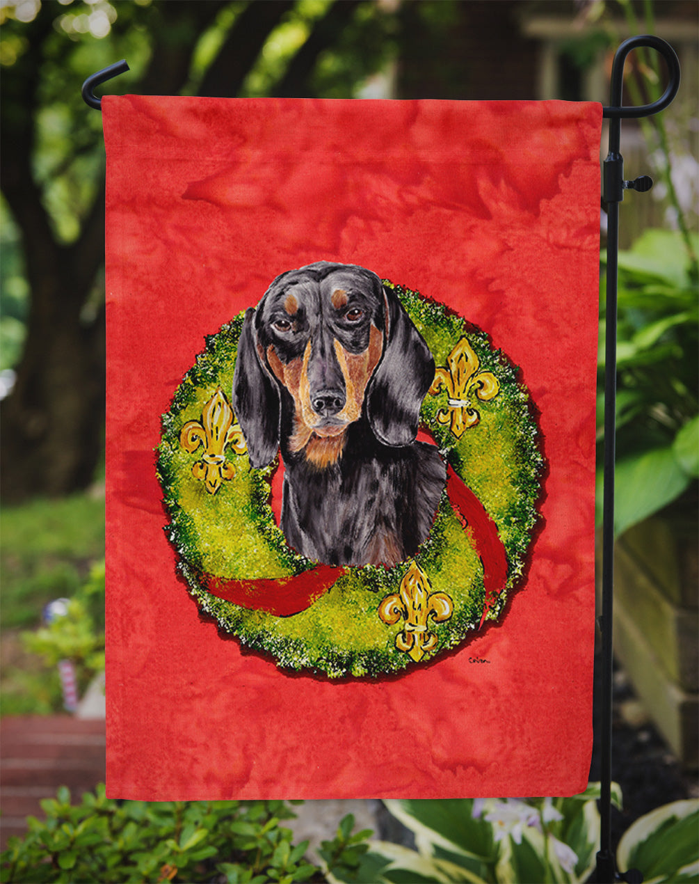Dachshund Christmas Wreath Garden Flag Mailbox Decorative Yard Banner Outside Patio Artwork for Flower Beds, Garden Size, Multicolor