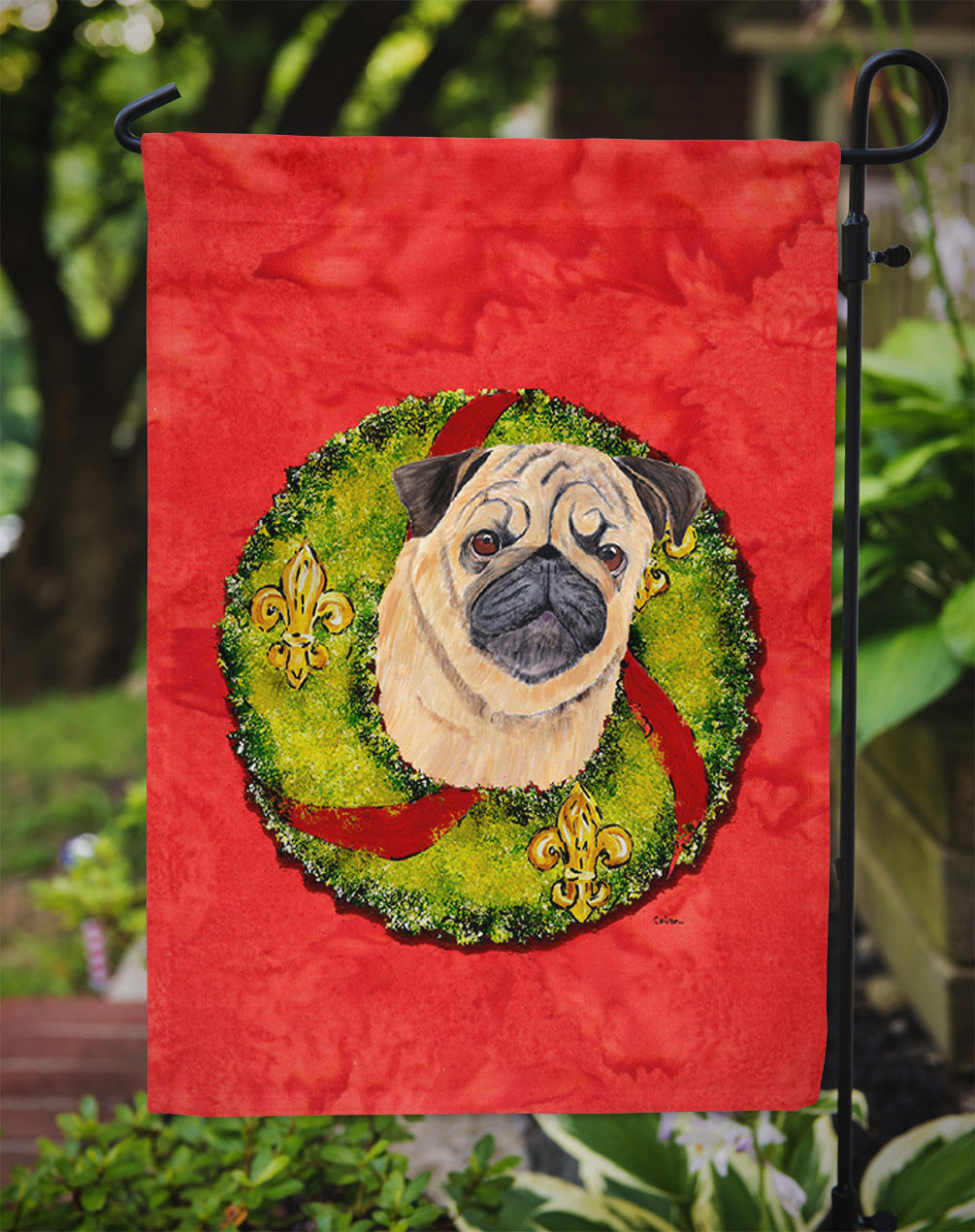 Pug Christmas Wreath Garden Flag Mailbox Decorative Yard Banner Outside Patio Artwork for Flower Beds, Garden Size, Multicolor