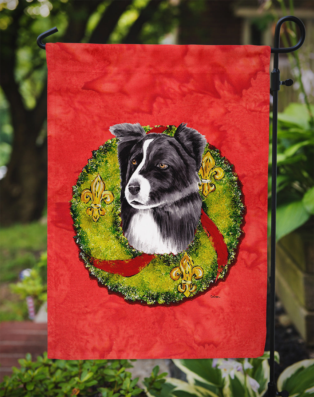 Border Collie Christmas Wreath Garden Flag Mailbox Decorative Yard Banner Outside Patio Artwork for Flower Beds, Garden Size, Multicolor