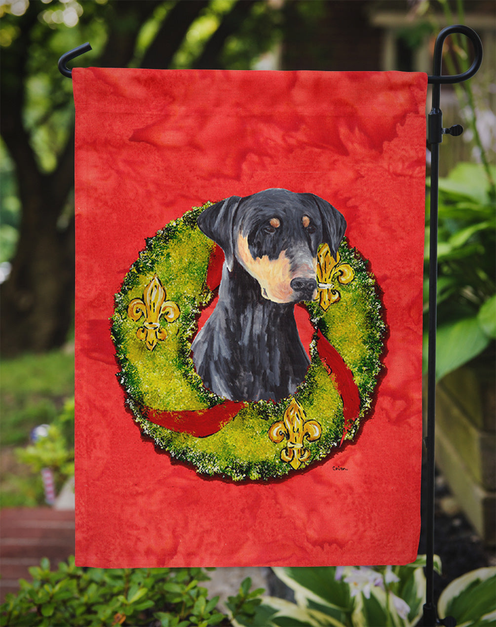 Doberman Christmas Wreath Garden Flag Mailbox Decorative Yard Banner Outside Patio Artwork for Flower Beds, Garden Size, Multicolor