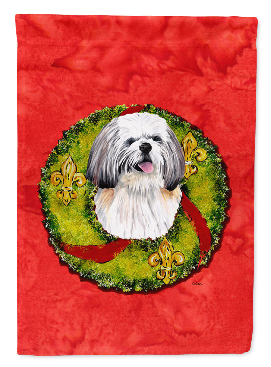 Shih Tzu Christmas Wreath Garden Flag Mailbox Decorative Yard Banner Outside Patio Artwork for Flower Beds, Garden Size, Multicolor