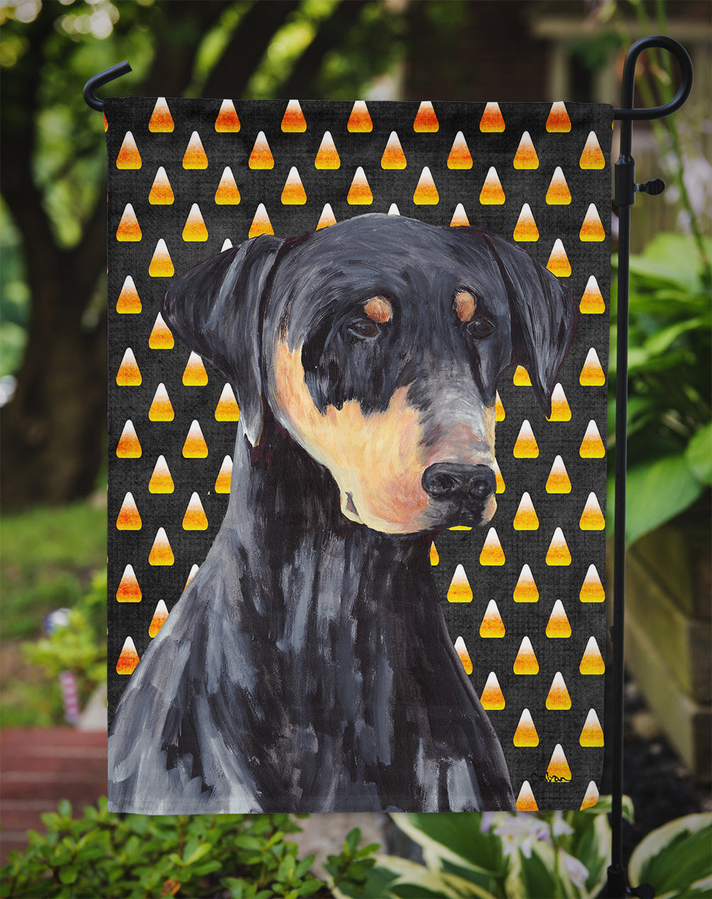 Doberman Natural Ears Candy Corn Halloween Portrait Garden Flag Mailbox Decorative Yard Banner Outside Patio Artwork for Flower Beds, Garden Size, Multicolor