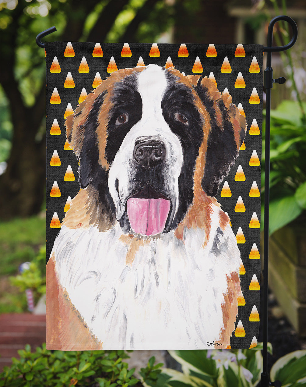 Saint Bernard Candy Corn Halloween Portrait Garden Flag Mailbox Decorative Yard Banner Outside Patio Artwork for Flower Beds, Garden Size, Multicolor
