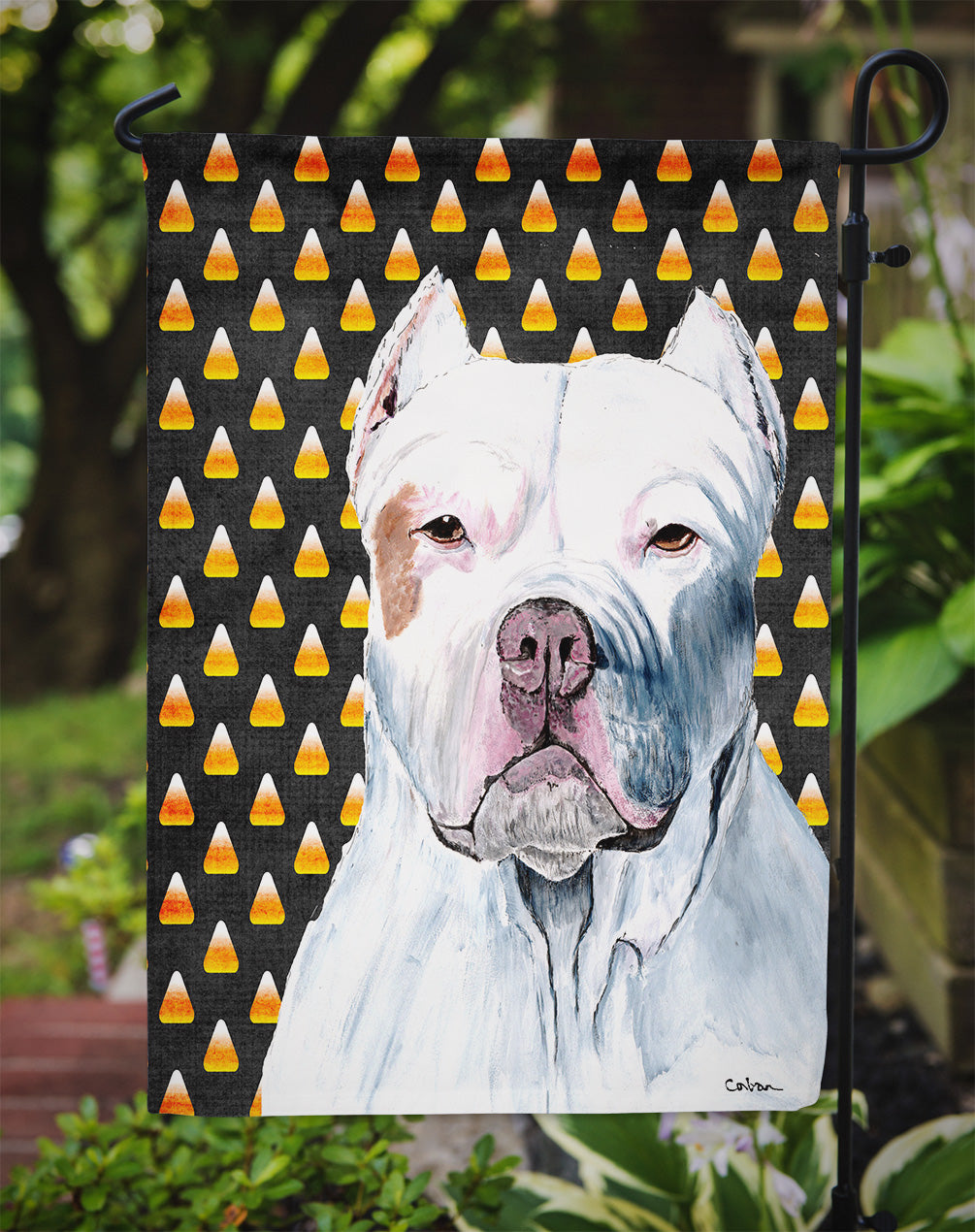 Pit Bull Candy Corn Halloween Portrait Garden Flag Mailbox Decorative Yard Banner Outside Patio Artwork for Flower Beds, Garden Size, Multicolor