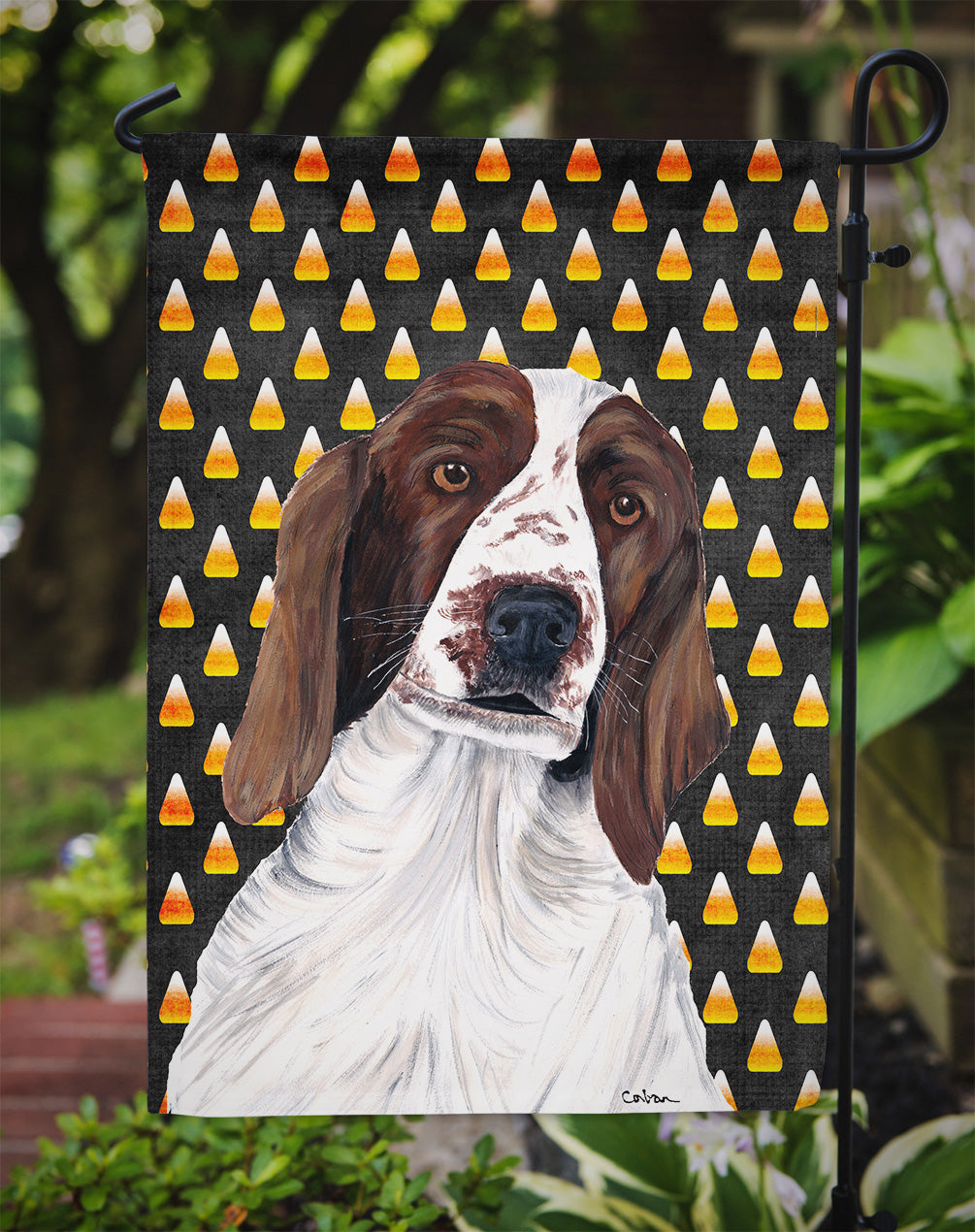 Welsh Springer Spaniel Candy Corn Halloween Portrait Garden Flag Mailbox Decorative Yard Banner Outside Patio Artwork for Flower Beds, Garden Size, Multicolor