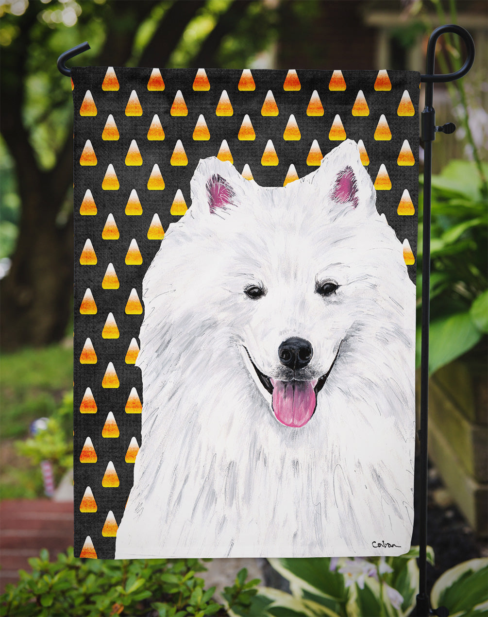 American Eskimo Candy Corn Halloween Portrait Garden Flag Mailbox Decorative Yard Banner Outside Patio Artwork for Flower Beds, Garden Size, Multicolor