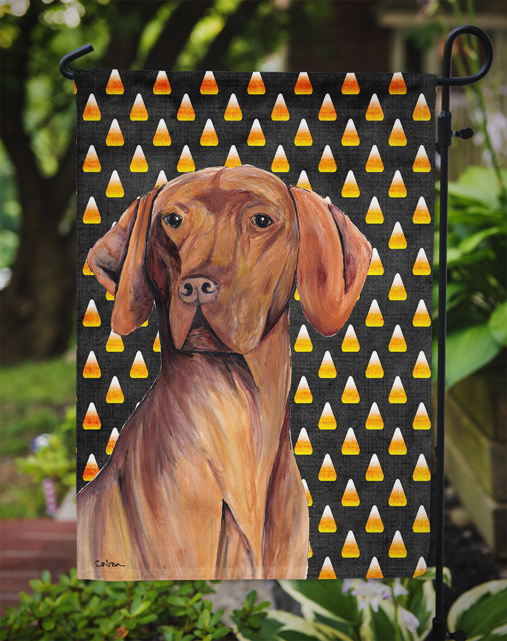 Vizsla Candy Corn Halloween Portrait Garden Flag Mailbox Decorative Yard Banner Outside Patio Artwork for Flower Beds, Garden Size, Multicolor