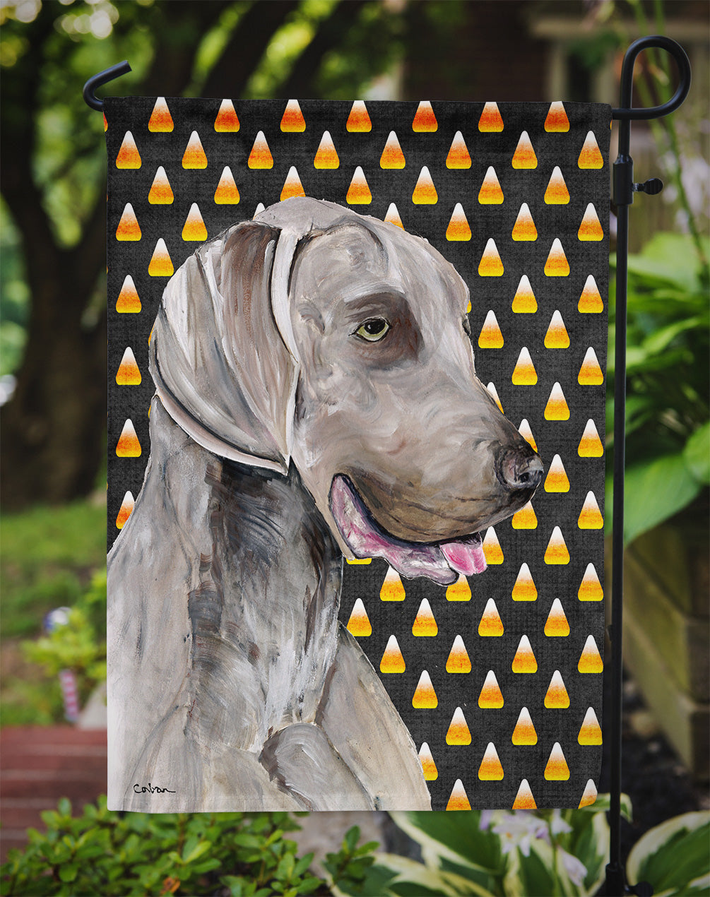 Weimaraner Candy Corn Halloween Portrait Garden Flag Mailbox Decorative Yard Banner Outside Patio Artwork for Flower Beds, Garden Size, Multicolor