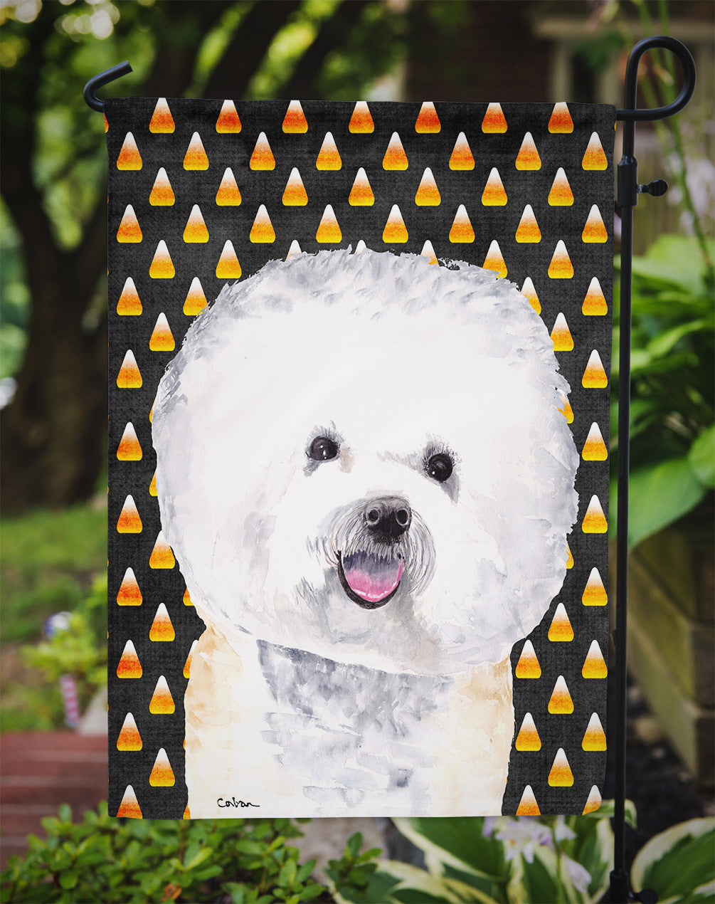 Bichon Frise Candy Corn Halloween Portrait Garden Flag Mailbox Decorative Yard Banner Outside Patio Artwork for Flower Beds, Garden Size, Multicolor