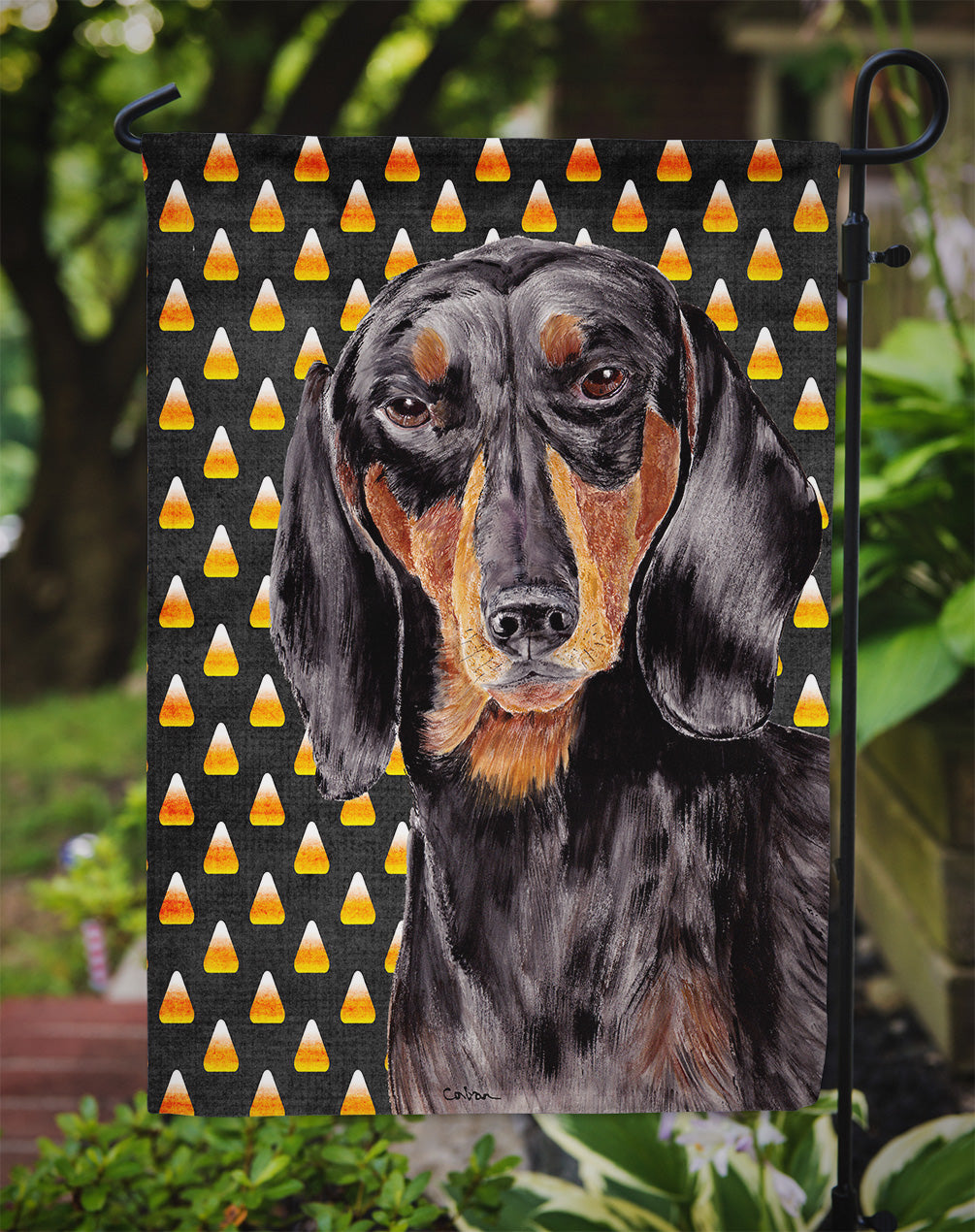 Dachshund Candy Corn Halloween Portrait Garden Flag Mailbox Decorative Yard Banner Outside Patio Artwork for Flower Beds, Garden Size, Multicolor