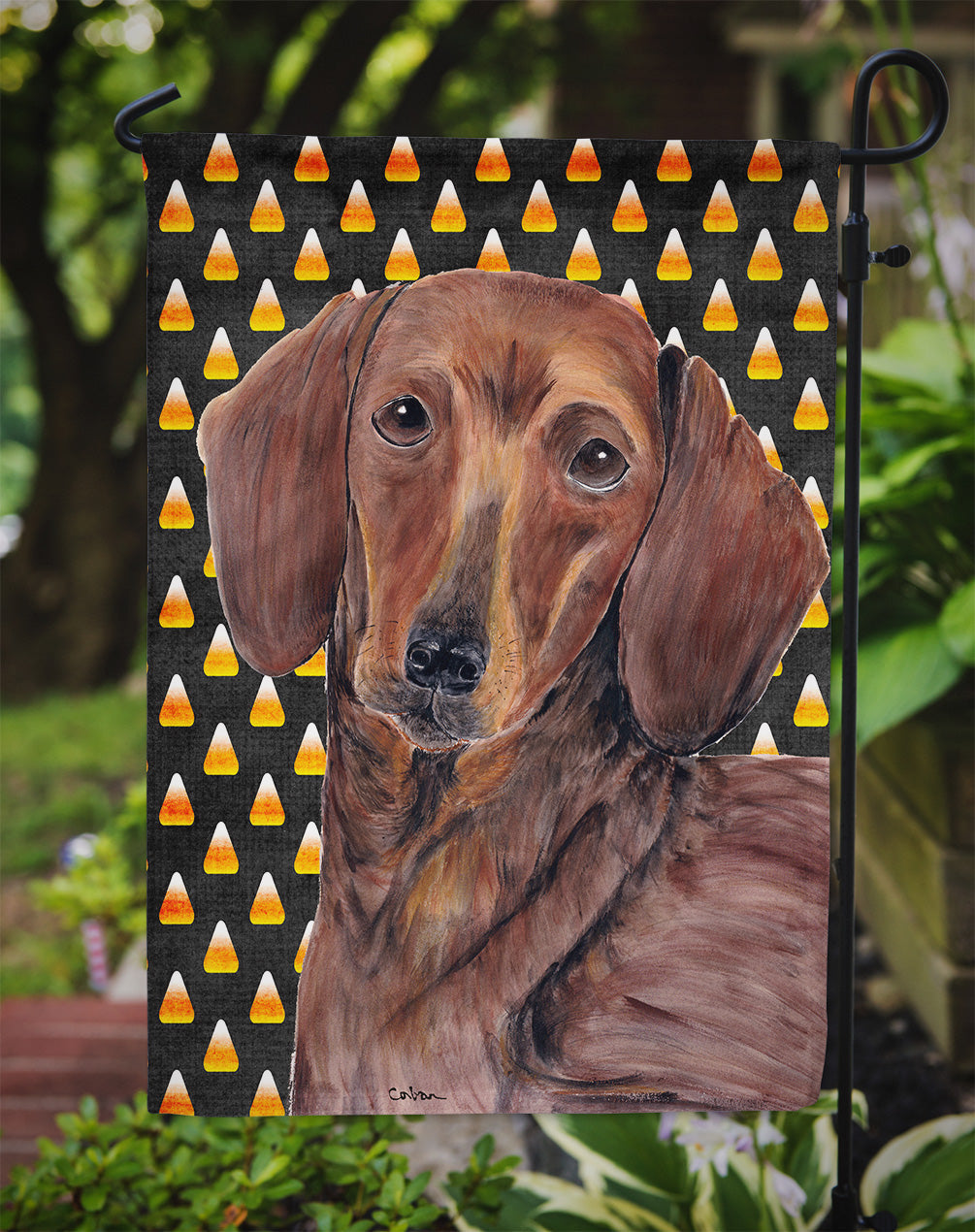 Dachshund Candy Corn Halloween Portrait Garden Flag Mailbox Decorative Yard Banner Outside Patio Artwork for Flower Beds, Garden Size, Multicolor
