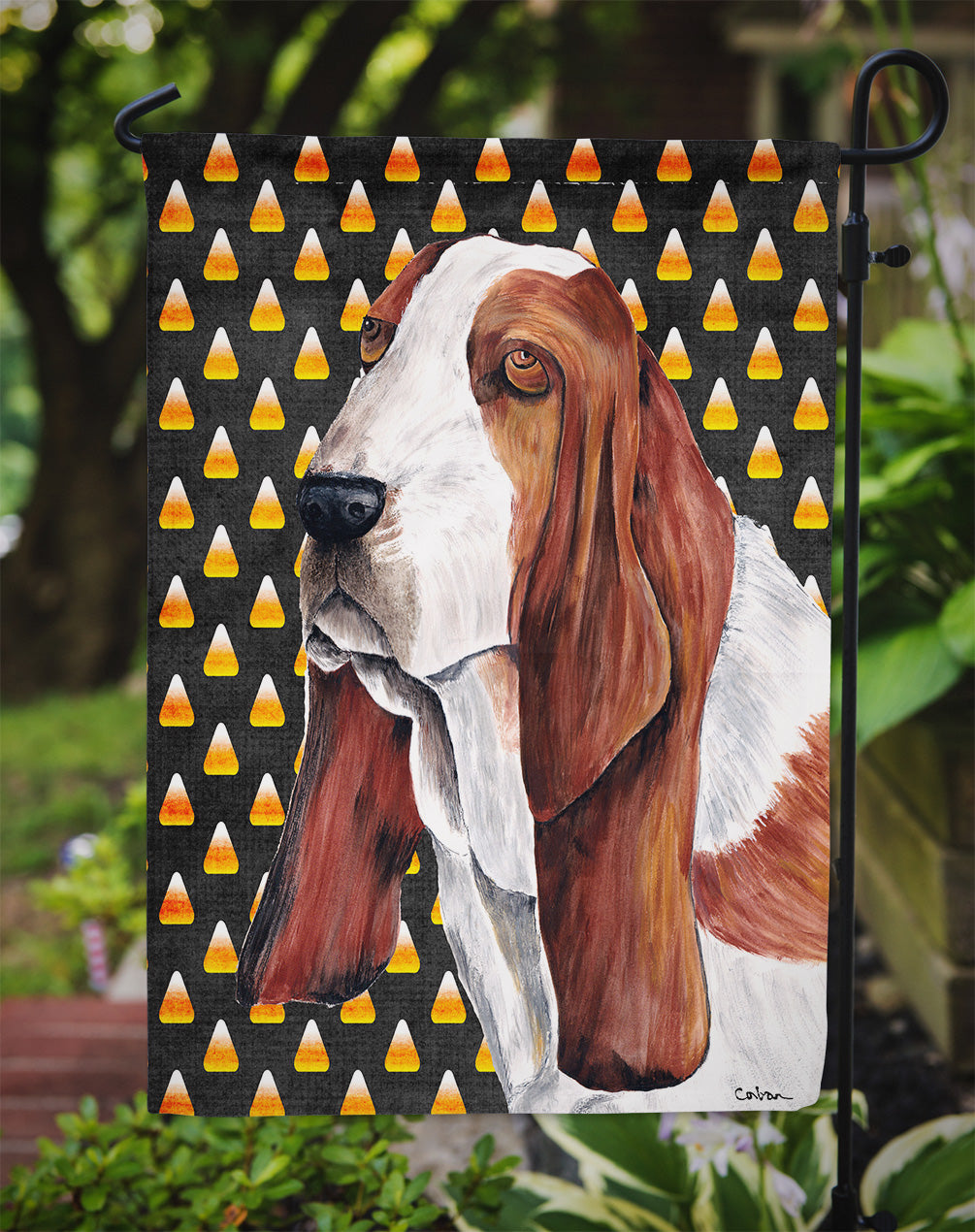 Basset Hound Candy Corn Halloween Portrait Garden Flag Mailbox Decorative Yard Banner Outside Patio Artwork for Flower Beds, Garden Size, Multicolor
