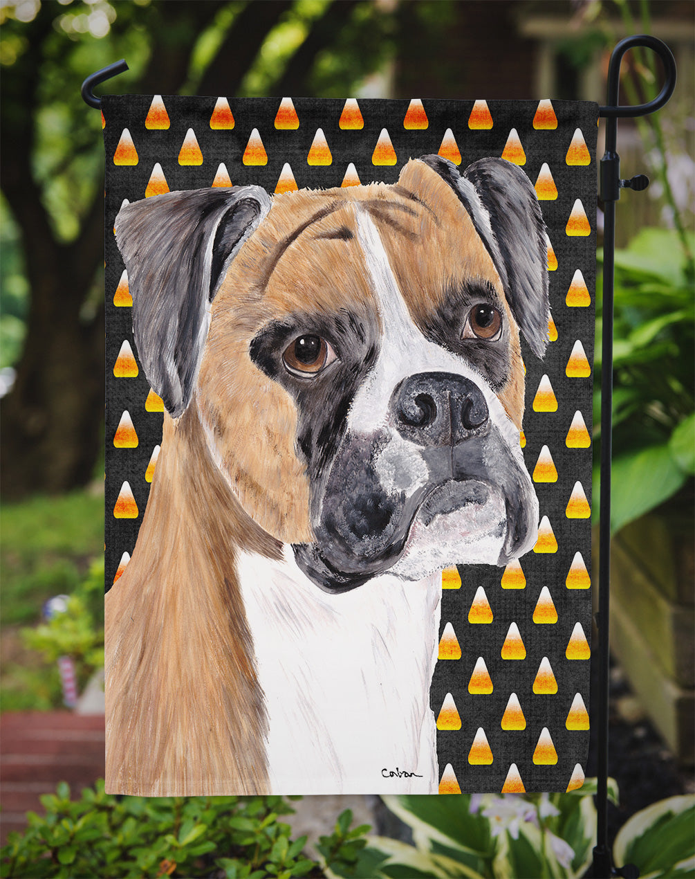 Boxer Fawn Uncropped Ears Candy Corn Halloween Portrait Garden Flag Mailbox Decorative Yard Banner Outside Patio Artwork for Flower Beds, Garden Size, Multicolor