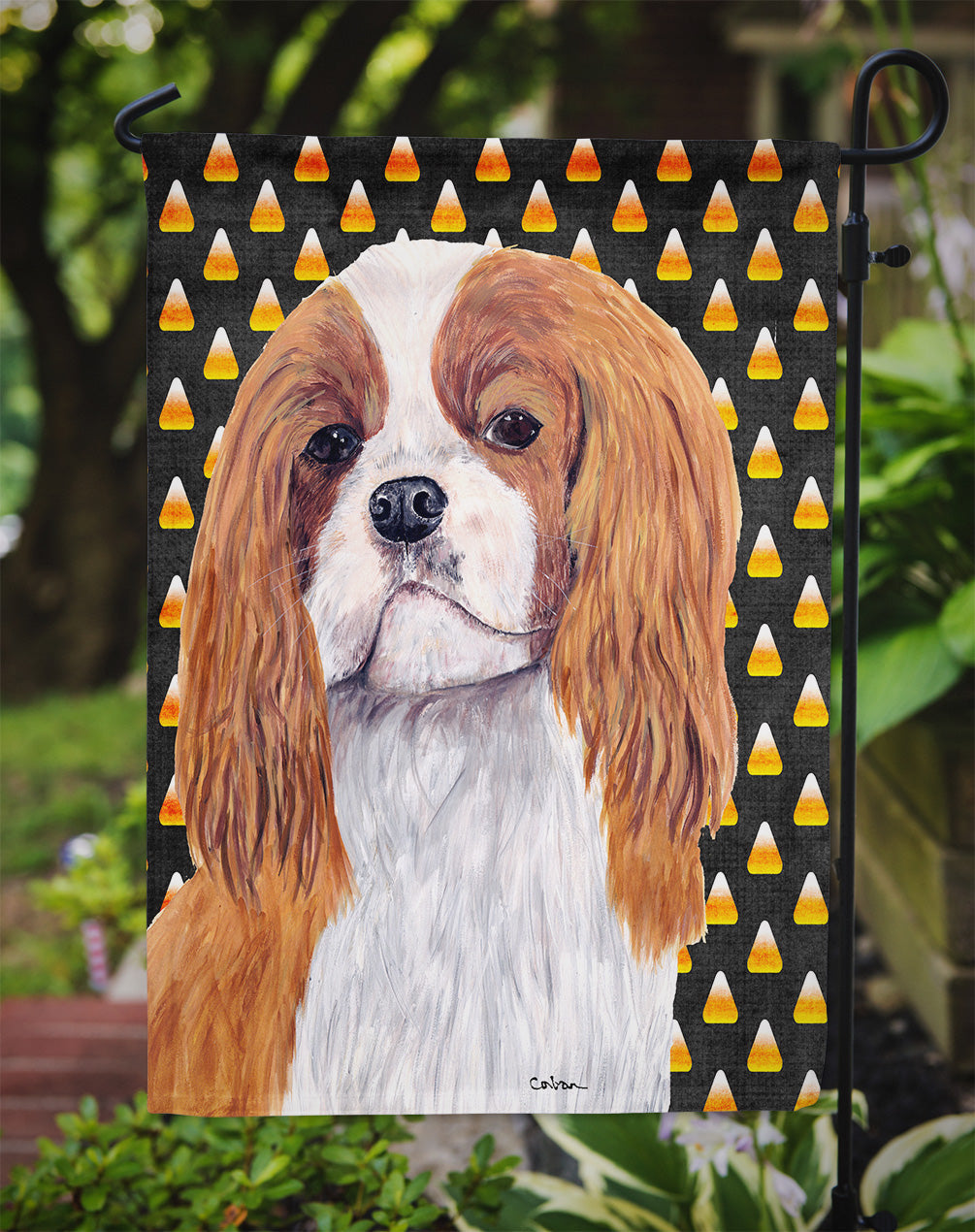 Cavalier Spaniel Blenheim Candy Corn Halloween Portrait Garden Flag Mailbox Decorative Yard Banner Outside Patio Artwork for Flower Beds, Garden Size, Multicolor
