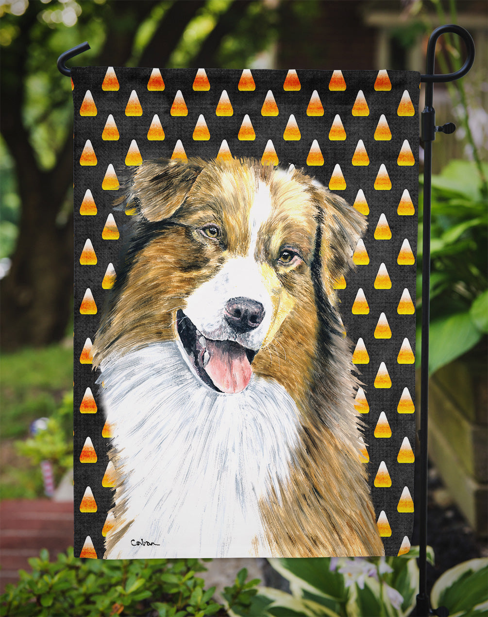 Australian Shepherd Candy Corn Halloween Portrait Garden Flag Mailbox Decorative Yard Banner Outside Patio Artwork for Flower Beds, Garden Size, Multicolor