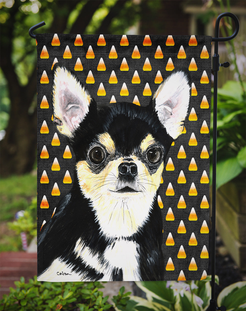 Chihuahua Candy Corn Halloween Portrait Garden Flag Mailbox Decorative Yard Banner Outside Patio Artwork for Flower Beds, Garden Size, Multicolor