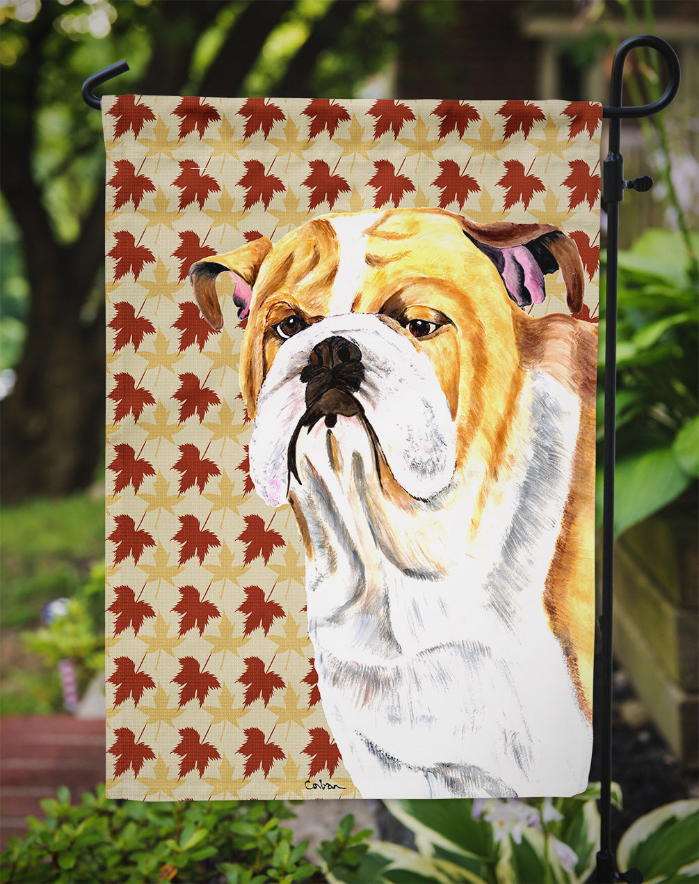 Bulldog English Fall Leaves Portrait Garden Flag Mailbox Decorative Yard Banner Outside Patio Artwork for Flower Beds, Garden Size, Multicolor