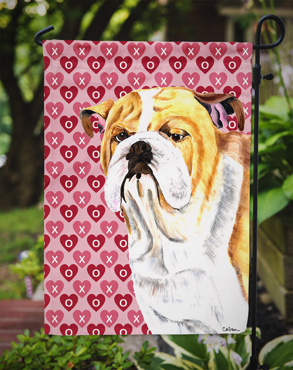 Bulldog English Hearts Love Valentine's Day Portrait Garden Flag Mailbox Decorative Yard Banner Outside Patio Artwork for Flower Beds, Garden Size, Multicolor