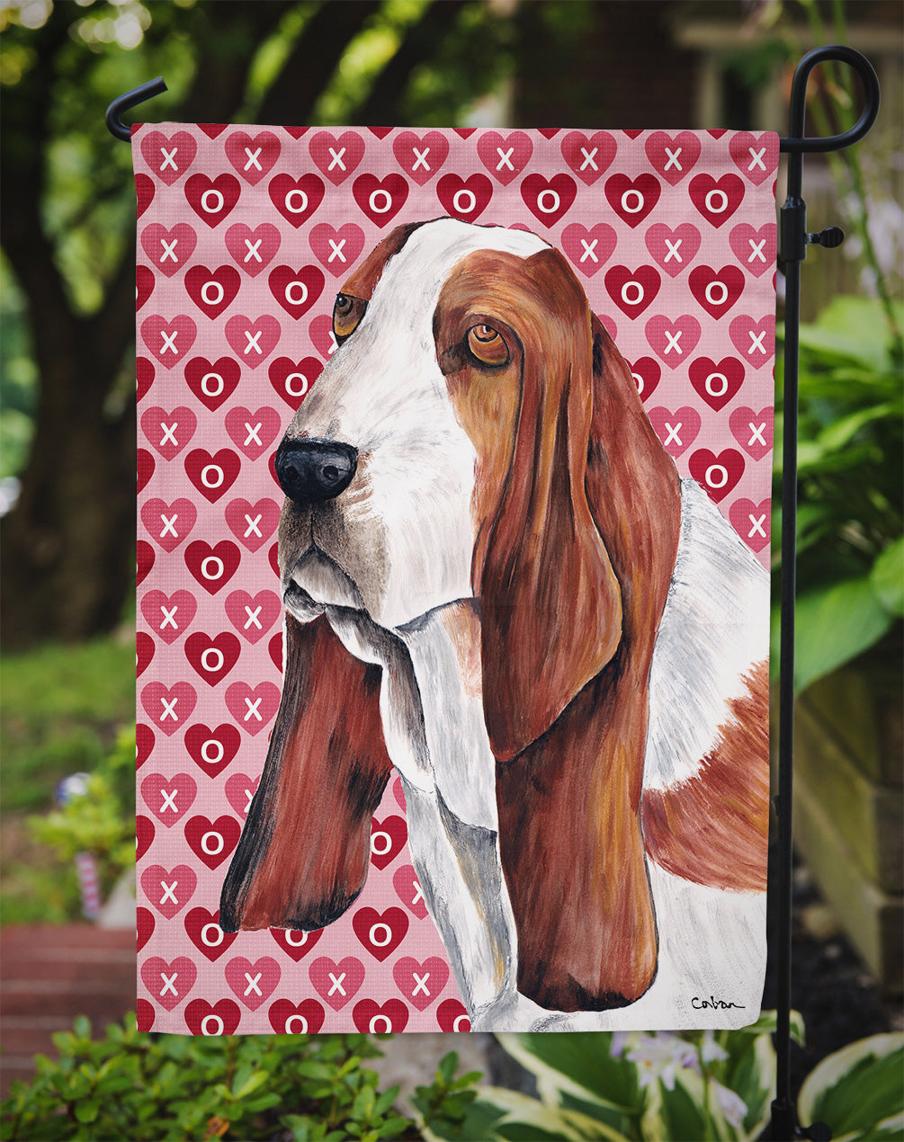 Basset Hound Hearts Love and Valentine's Day Portrait Garden Flag Mailbox Decorative Yard Banner Outside Patio Artwork for Flower Beds, Garden Size, Multicolor