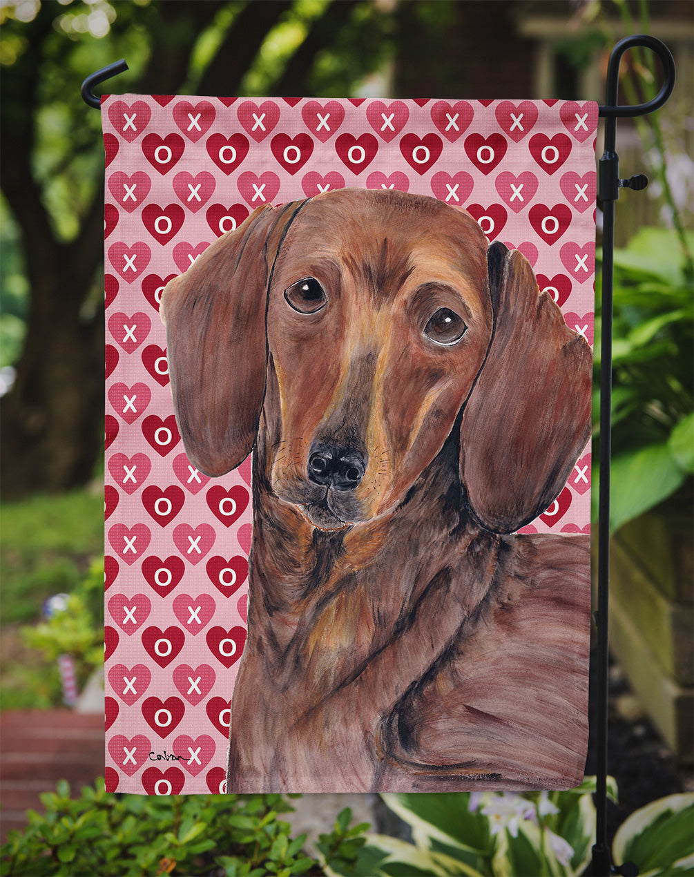 Dachshund Hearts Love and Valentine's Day Portrait Garden Flag Mailbox Decorative Yard Banner Outside Patio Artwork for Flower Beds, Garden Size, Multicolor