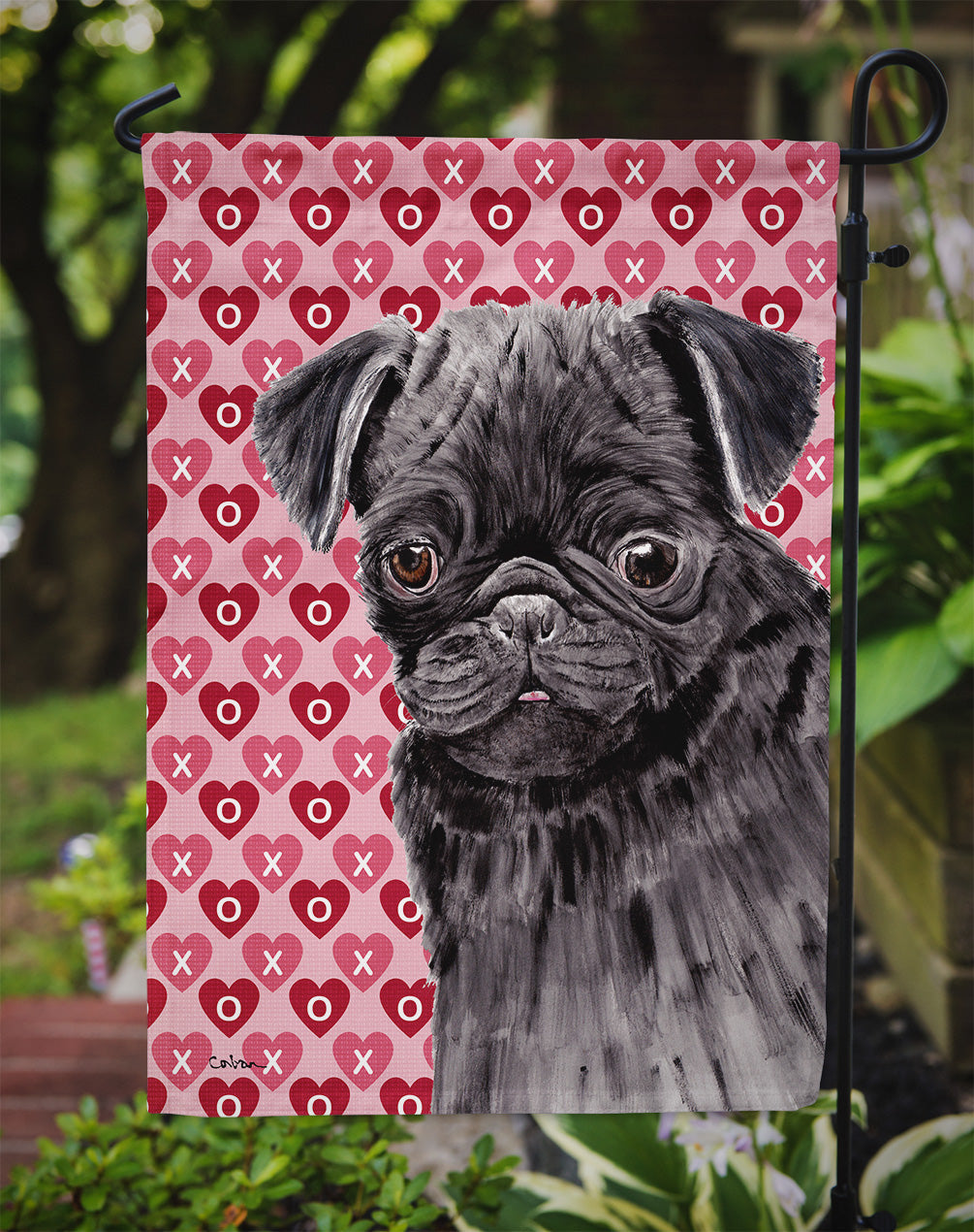 Pug Black Hearts Love and Valentine's Day Portrait Garden Flag Mailbox Decorative Yard Banner Outside Patio Artwork for Flower Beds, Garden Size, Multicolor