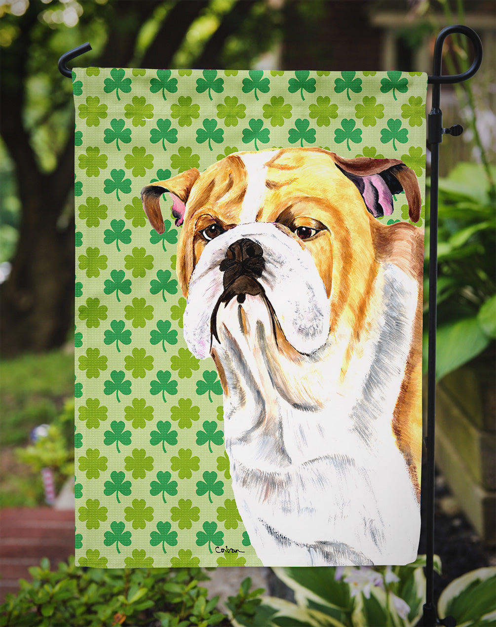 Bulldog English St. Patrick's Day Shamrock Portrait Garden Flag Mailbox Decorative Yard Banner Outside Patio Artwork for Flower Beds, Garden Size, Multicolor