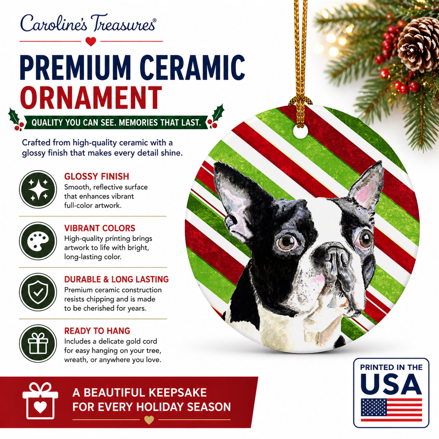 Boston Terrier Candy Cane Holiday Christmas Ceramic Ornament Christmas Tree Hanging Decorations for Home Christmas Holiday, Party, Gift, 3 in, Multicolor