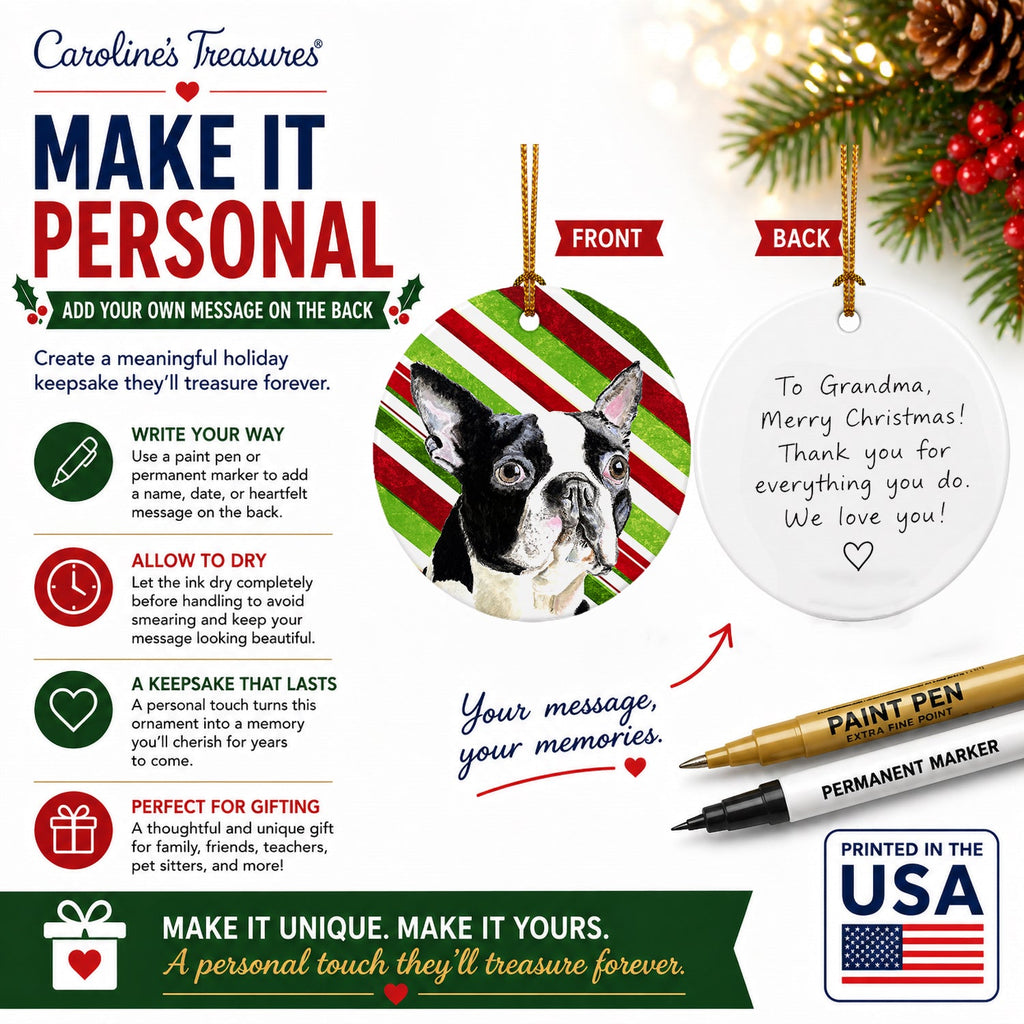 Boston Terrier Candy Cane Holiday Christmas Ceramic Ornament Christmas Tree Hanging Decorations for Home Christmas Holiday, Party, Gift, 3 in, Multicolor