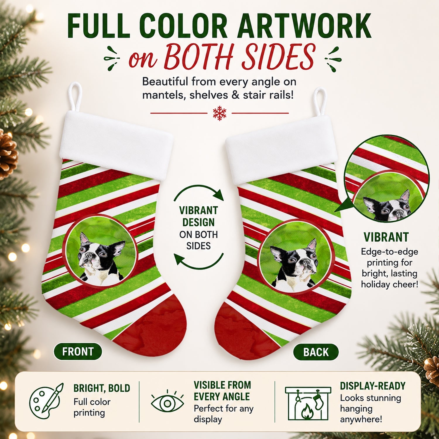 Boston Terrier Candy Cane Holiday Christmas Holiday Stocking Double-Sided Print, Polyester Suede,11x18, Made in USA