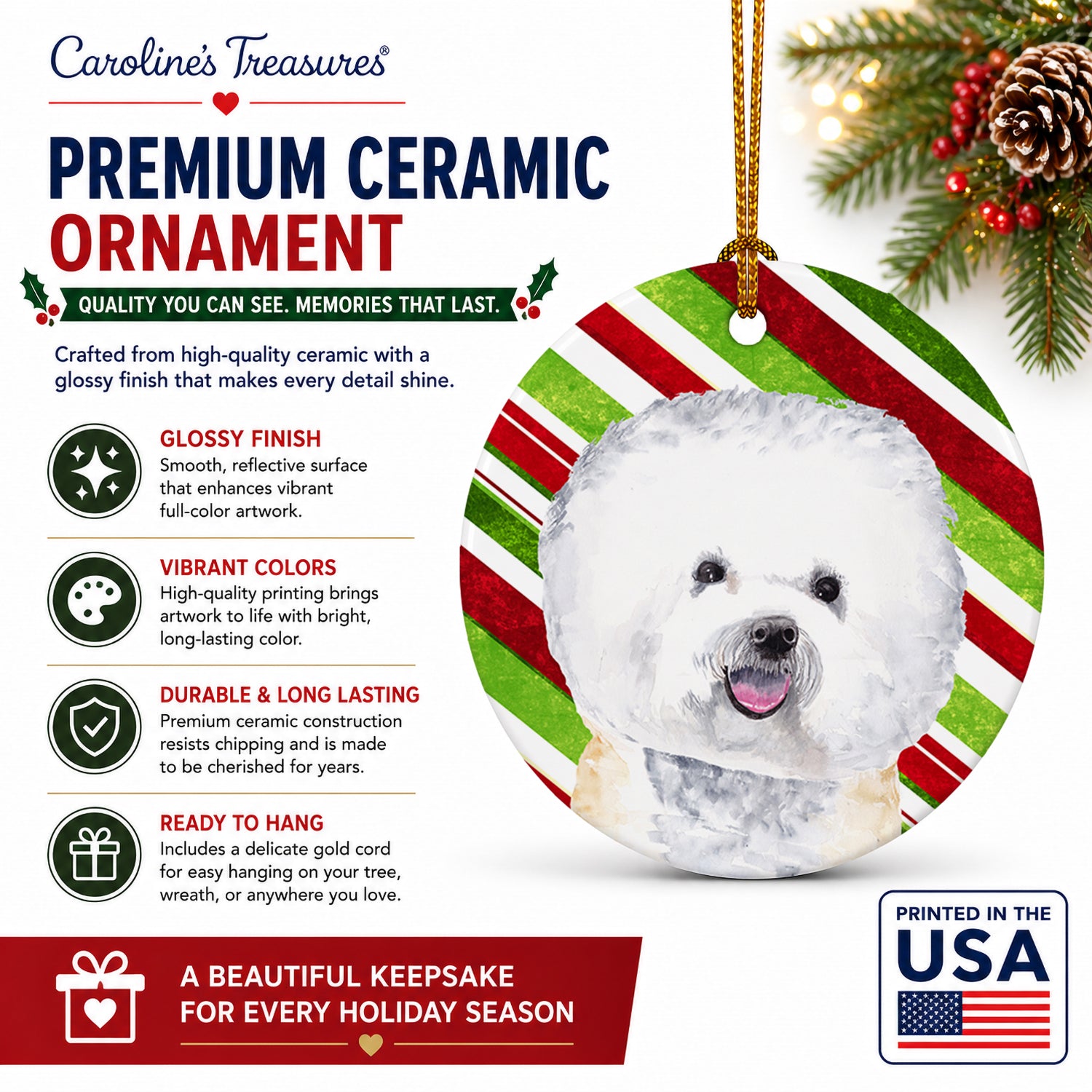 Bichon Frise Candy Cane Holiday Christmas Ceramic Ornament Christmas Tree Hanging Decorations for Home Christmas Holiday, Party, Gift, 3 in, Multicolor