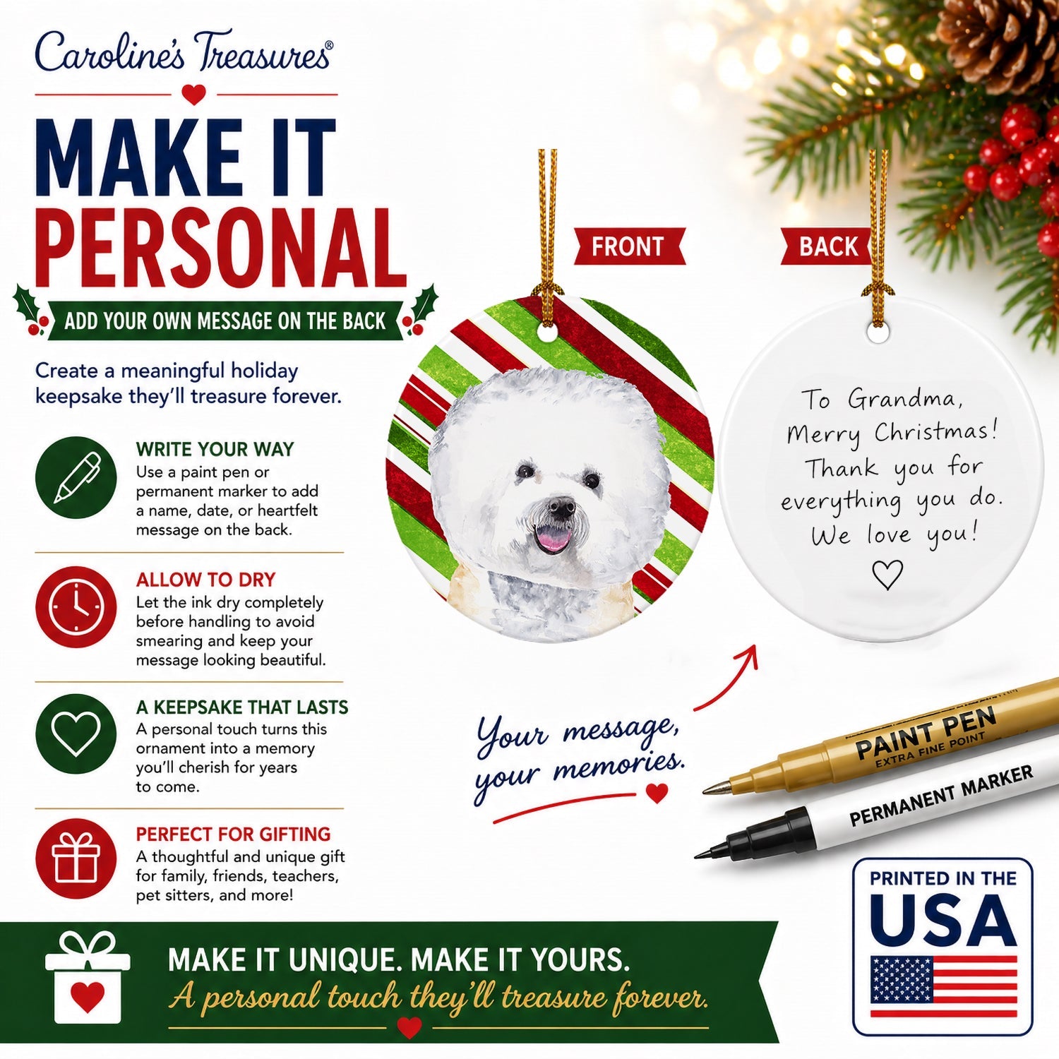 Bichon Frise Candy Cane Holiday Christmas Ceramic Ornament Christmas Tree Hanging Decorations for Home Christmas Holiday, Party, Gift, 3 in, Multicolor